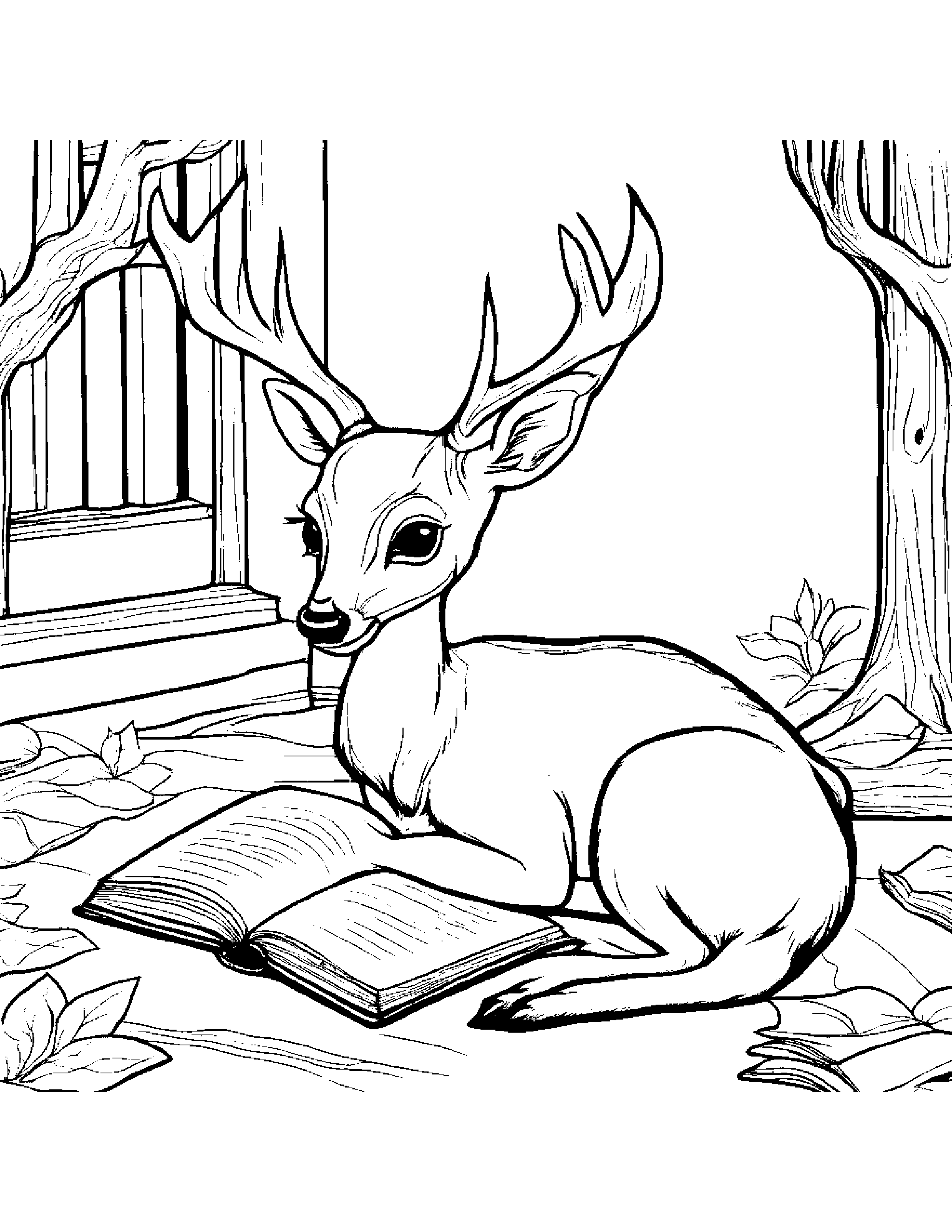 Bright Deer Fawn Reading A Storybook By A Reading Nook #5 Coloring Page (Free Printable PDF)