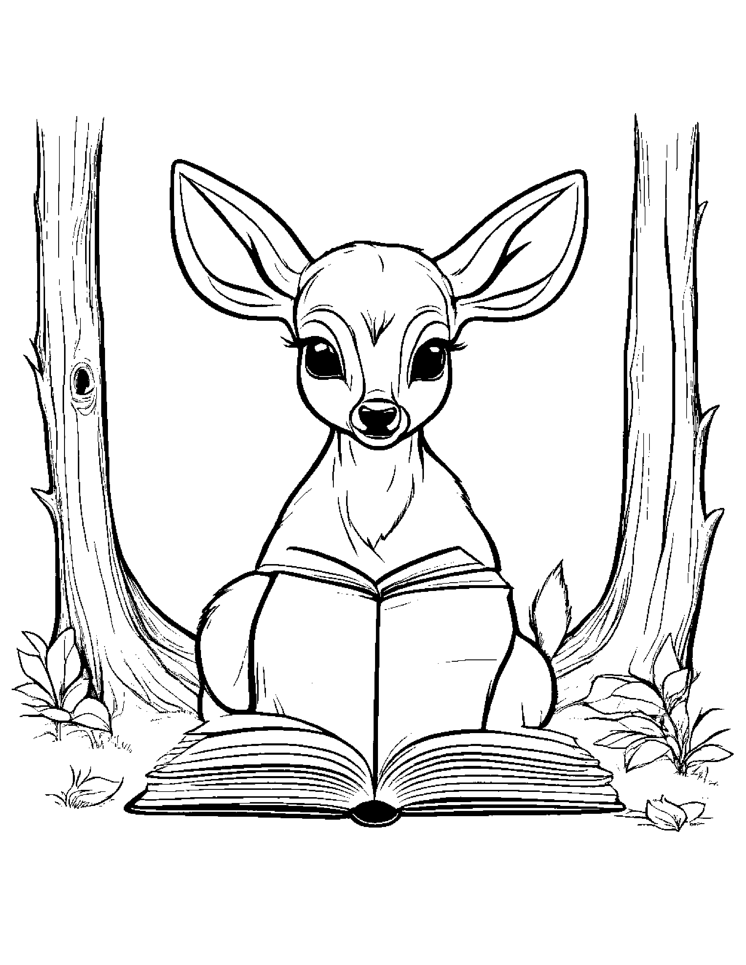 Bright Deer Fawn Reading A Storybook By A Reading Nook Coloring Page (Free Printable PDF)