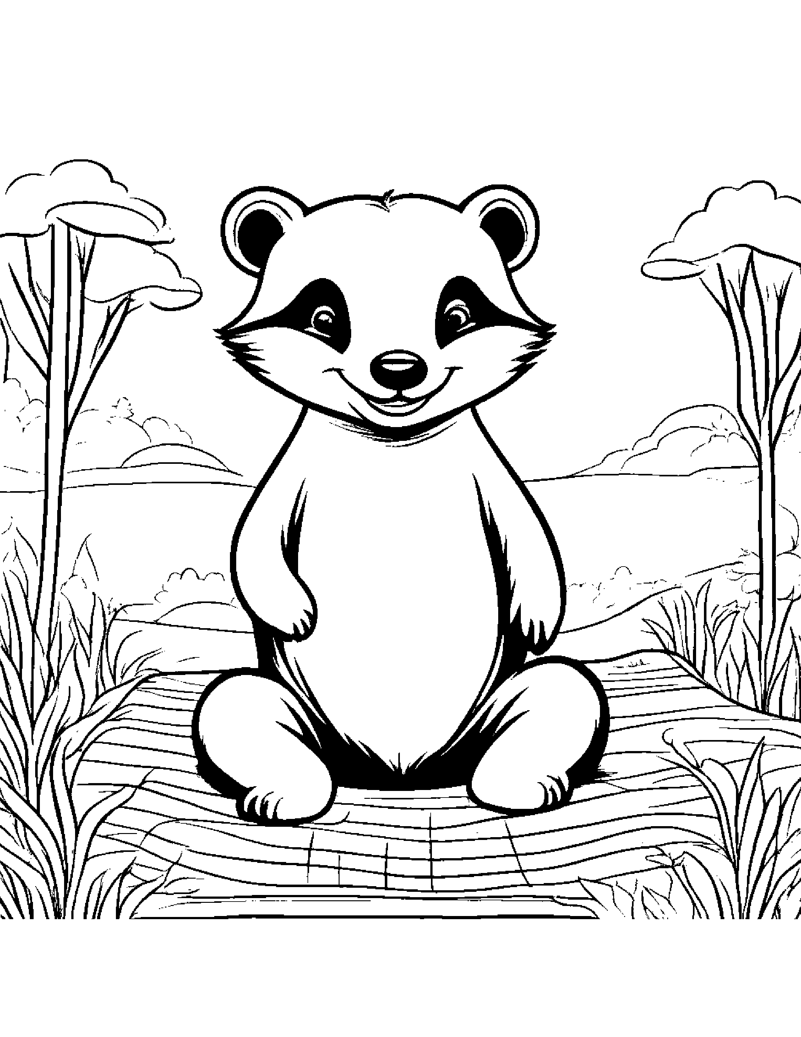 Bubbly Badger Smiling On A Picnic Blanket Coloring Page (Free Printable PDF)