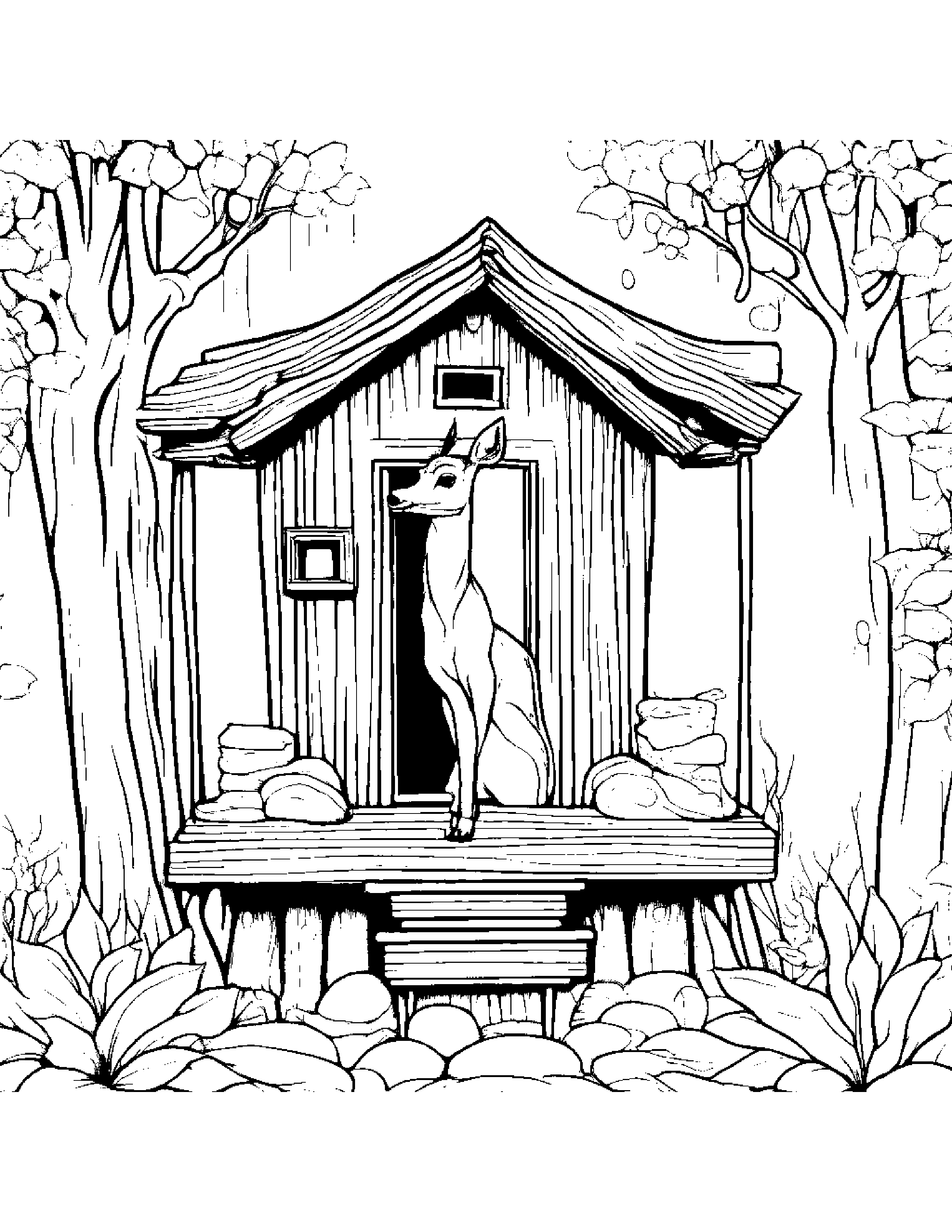 Bubbly Deer Fawn In A Treehouse #2 Coloring Page (Free Printable PDF)