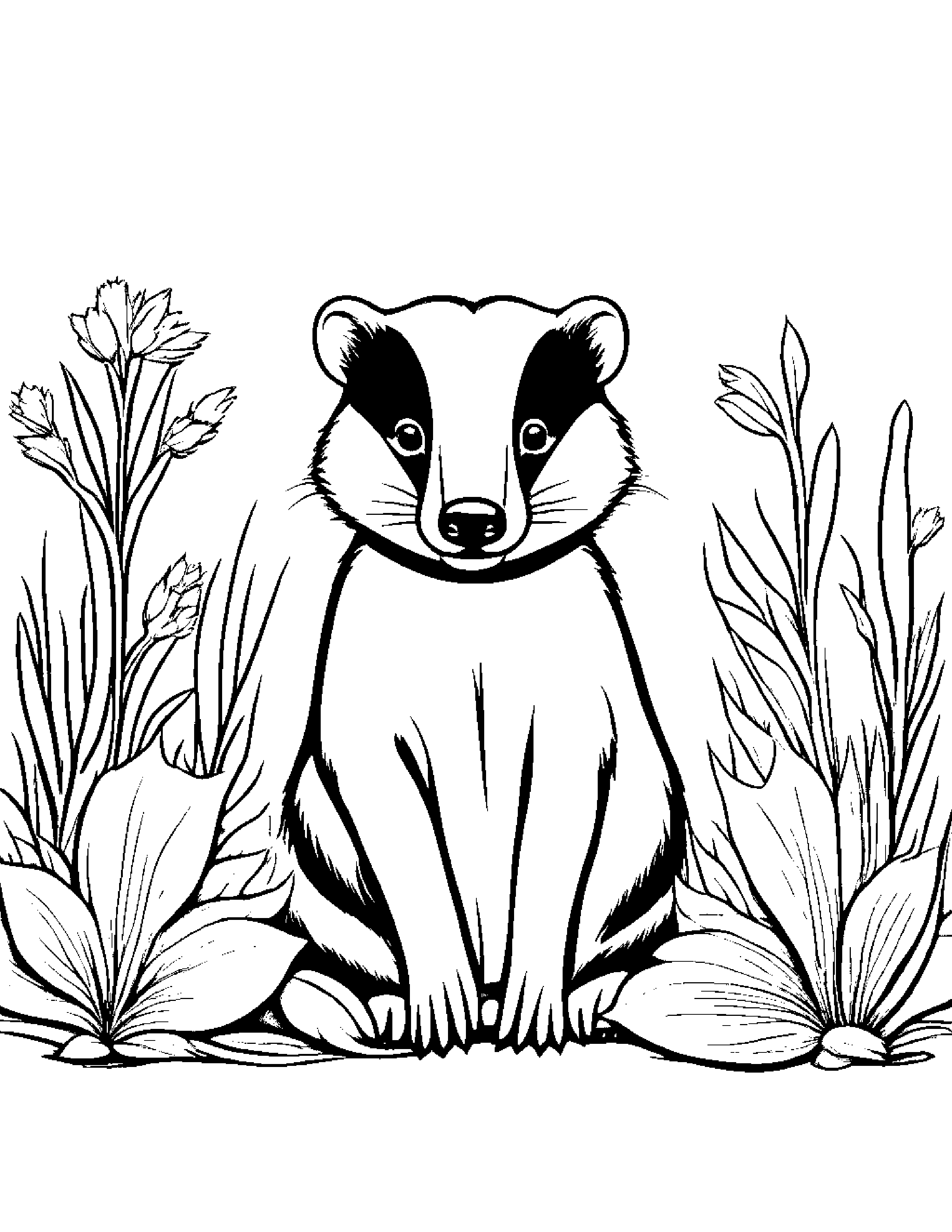 Cheerful Badger In A Cozy Garden Coloring Page (Free Printable PDF)