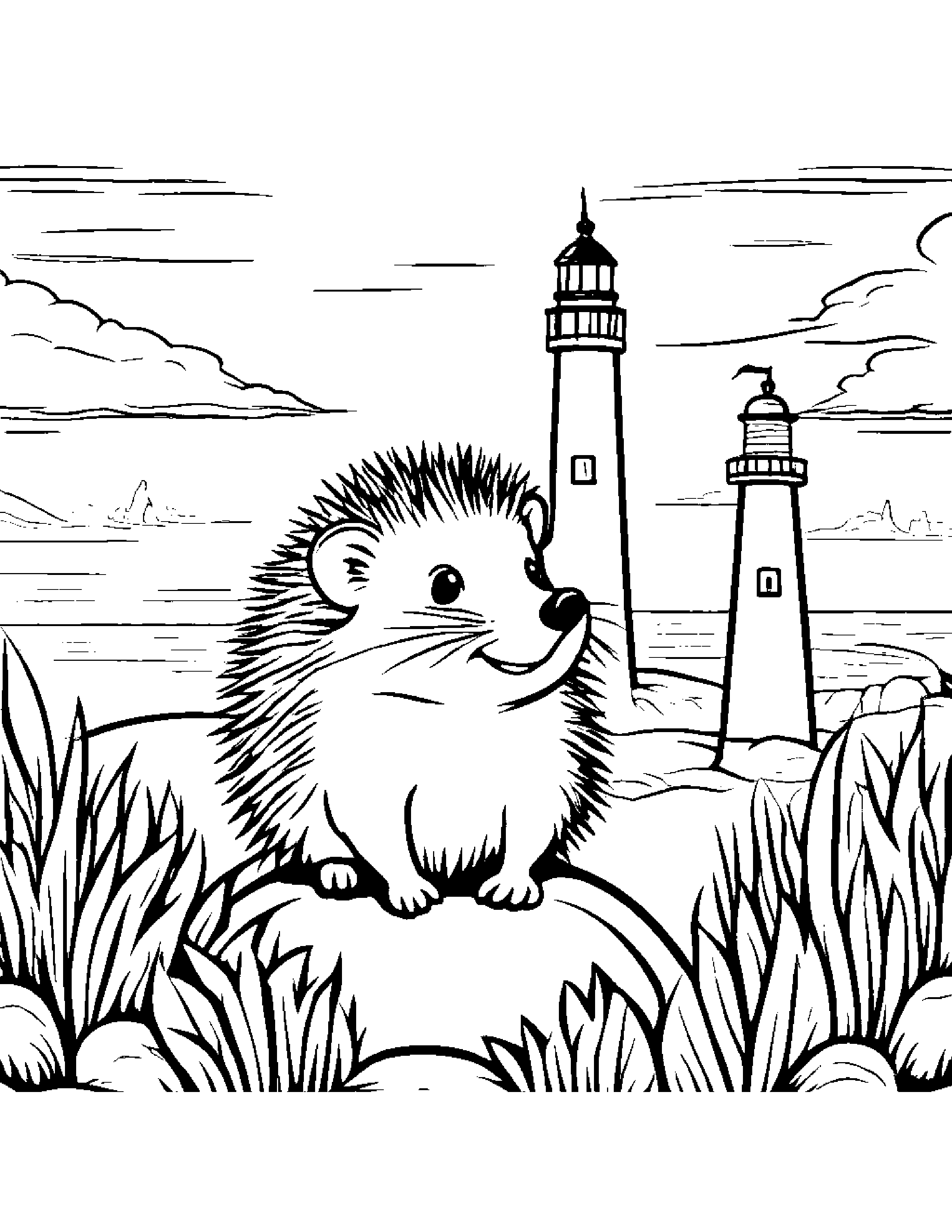 Cheerful Hedgehog Near A Lighthouse #2 Coloring Page (Free Printable PDF)