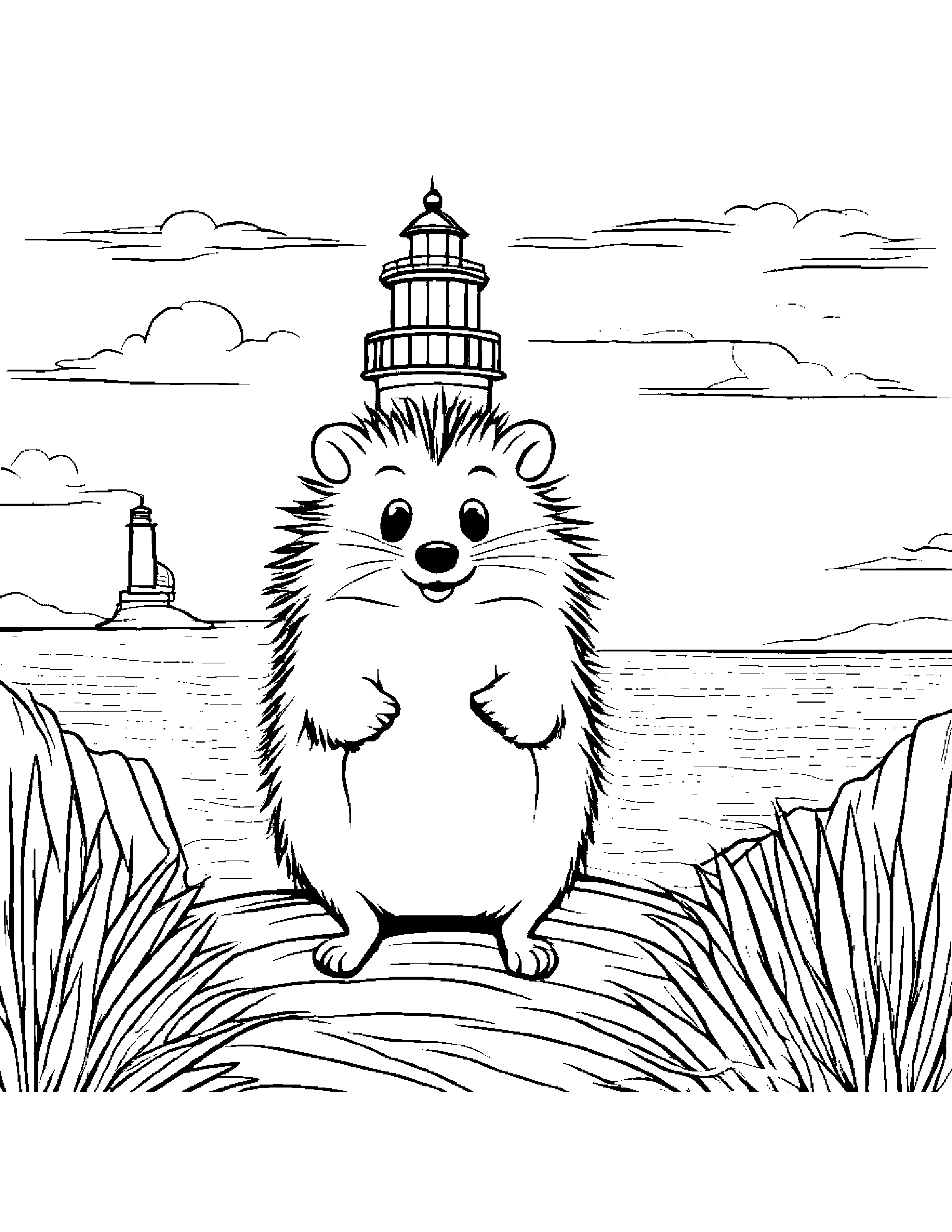 Cheerful Hedgehog Near A Lighthouse #3 Coloring Page (Free Printable PDF)