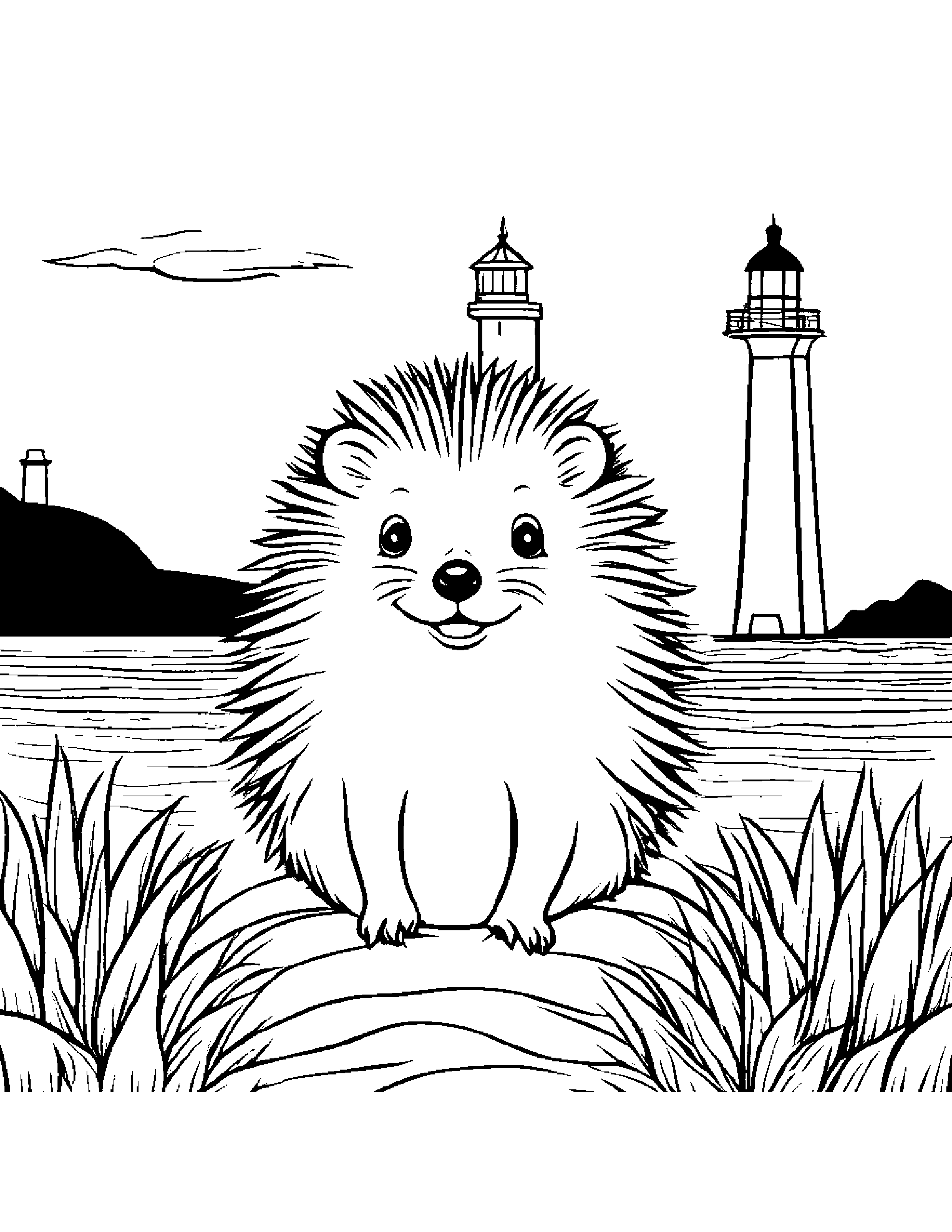 Cheerful Hedgehog Near A Lighthouse #4 Coloring Page (Free Printable PDF)