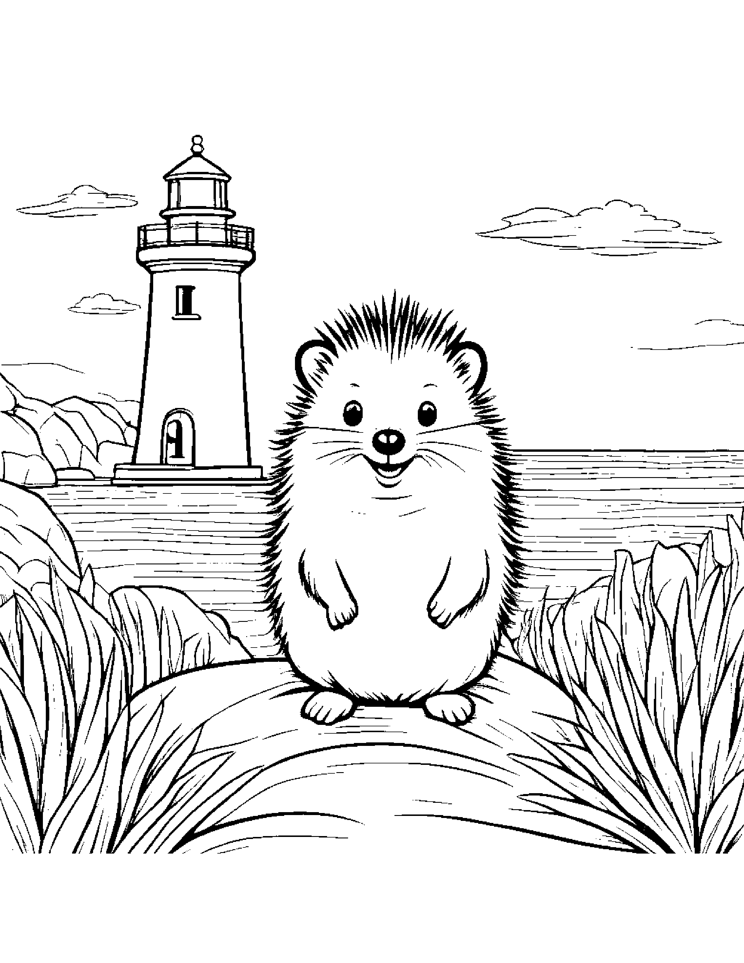 Cheerful Hedgehog Near A Lighthouse #5 Coloring Page (Free Printable PDF)