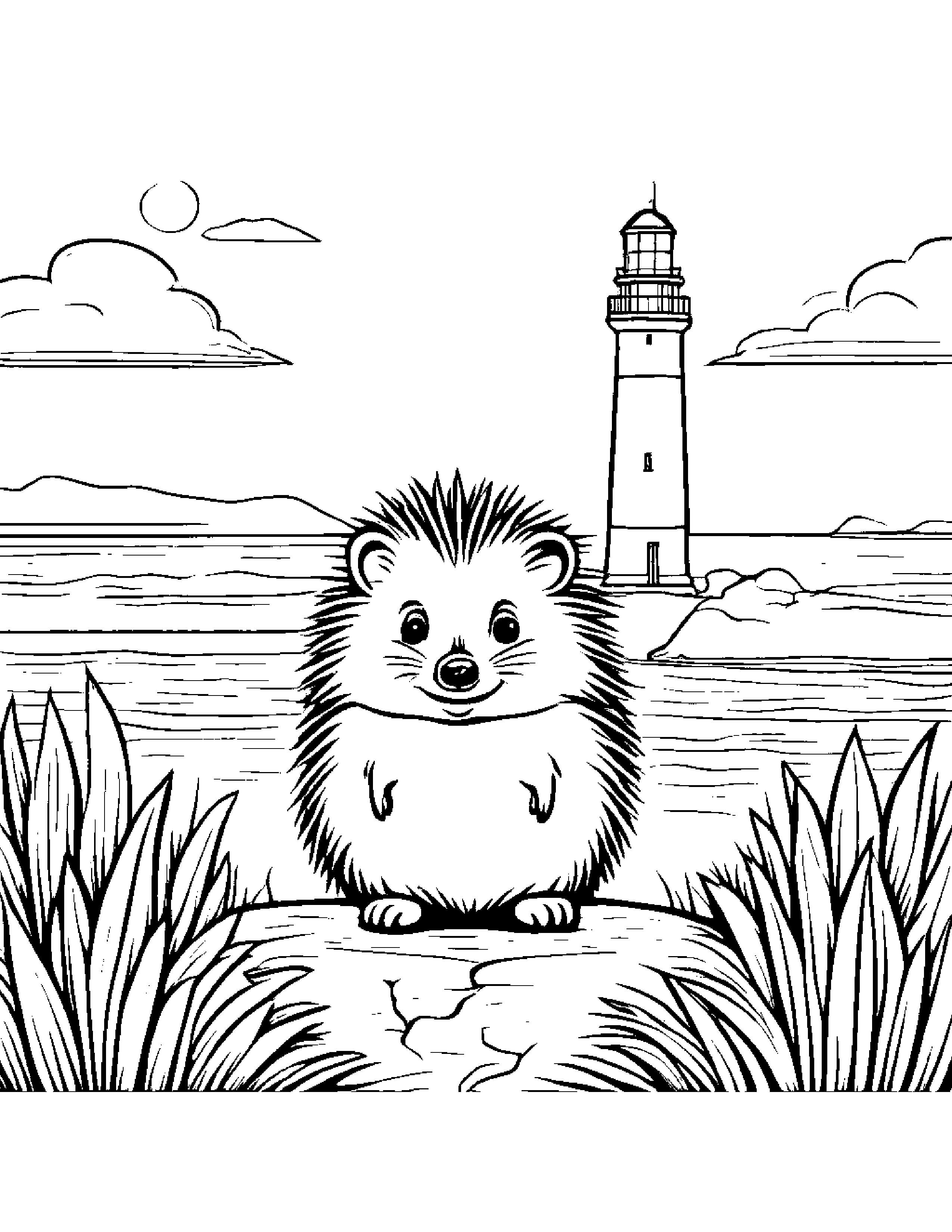 Cheerful Hedgehog Near A Lighthouse Coloring Page (Free Printable PDF)