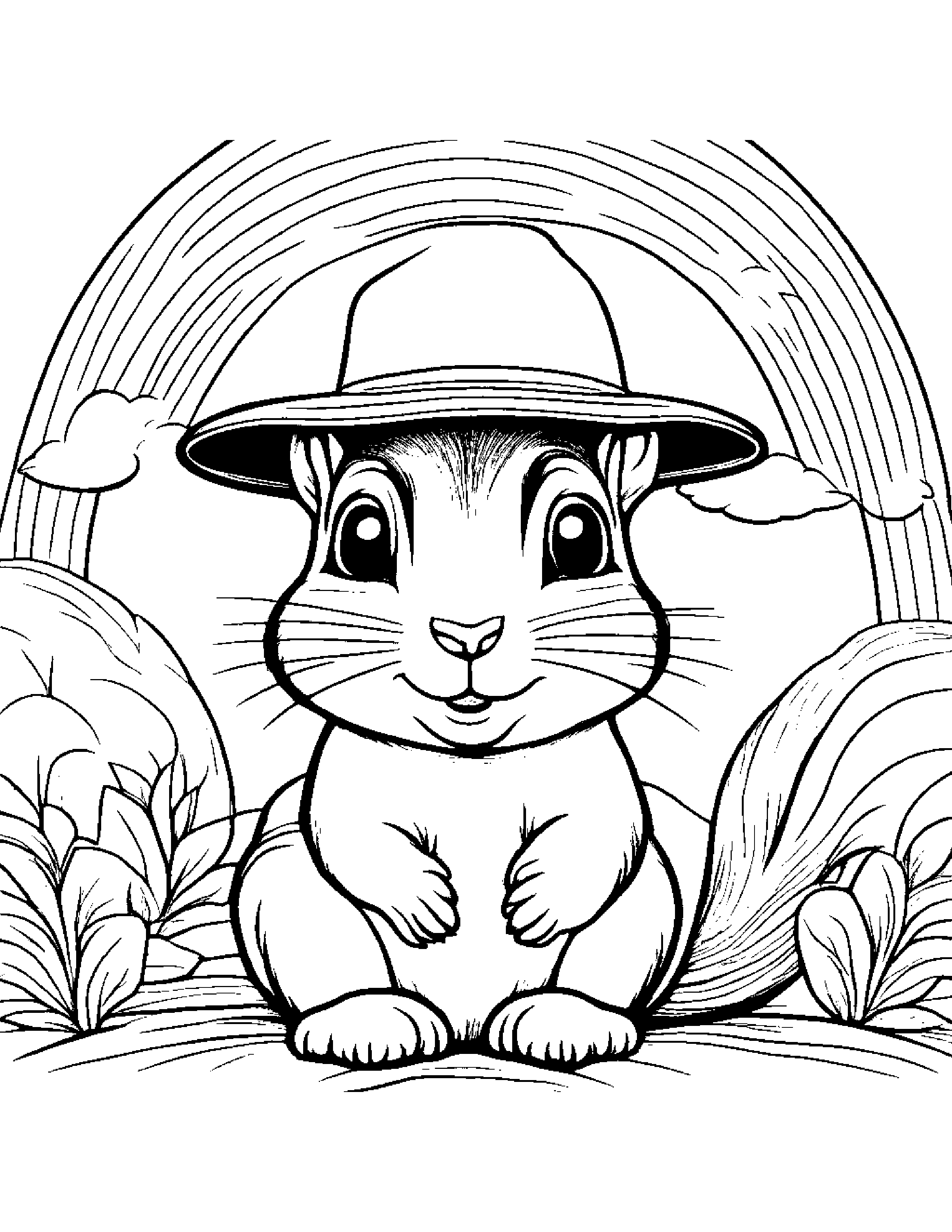 Chipmunk With A Cute Hat Under A Rainbow #3 Coloring Page (Free Printable PDF)