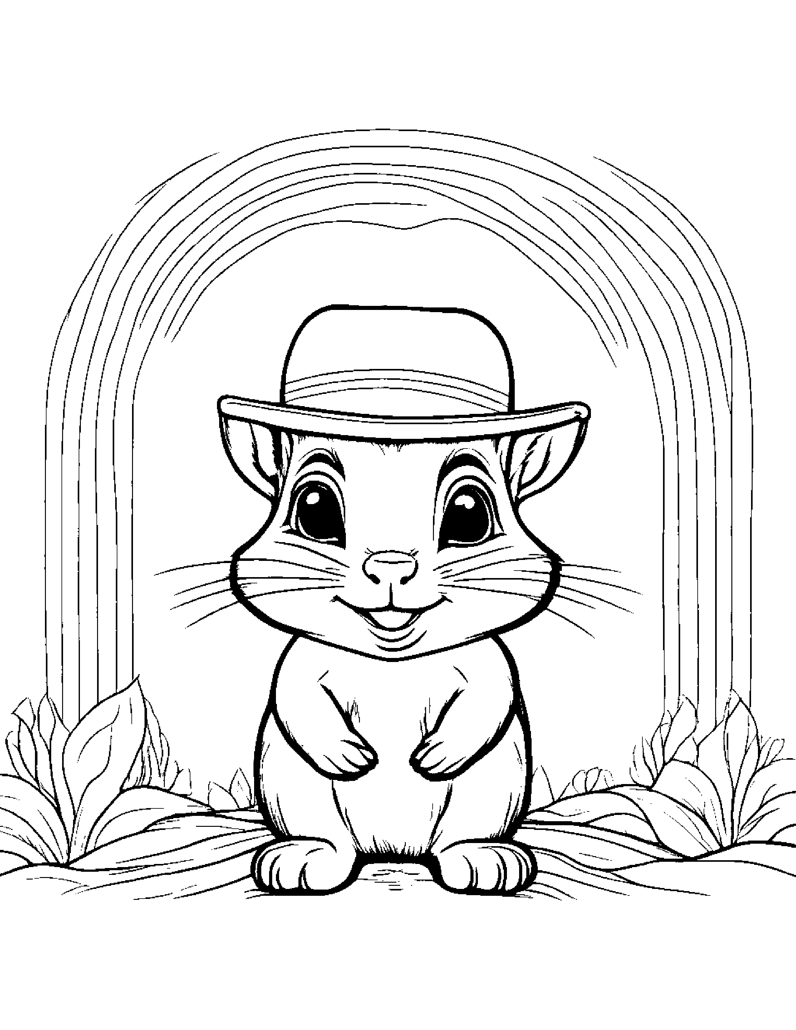 Chipmunk With A Cute Hat Under A Rainbow Coloring Page (Free Printable PDF)