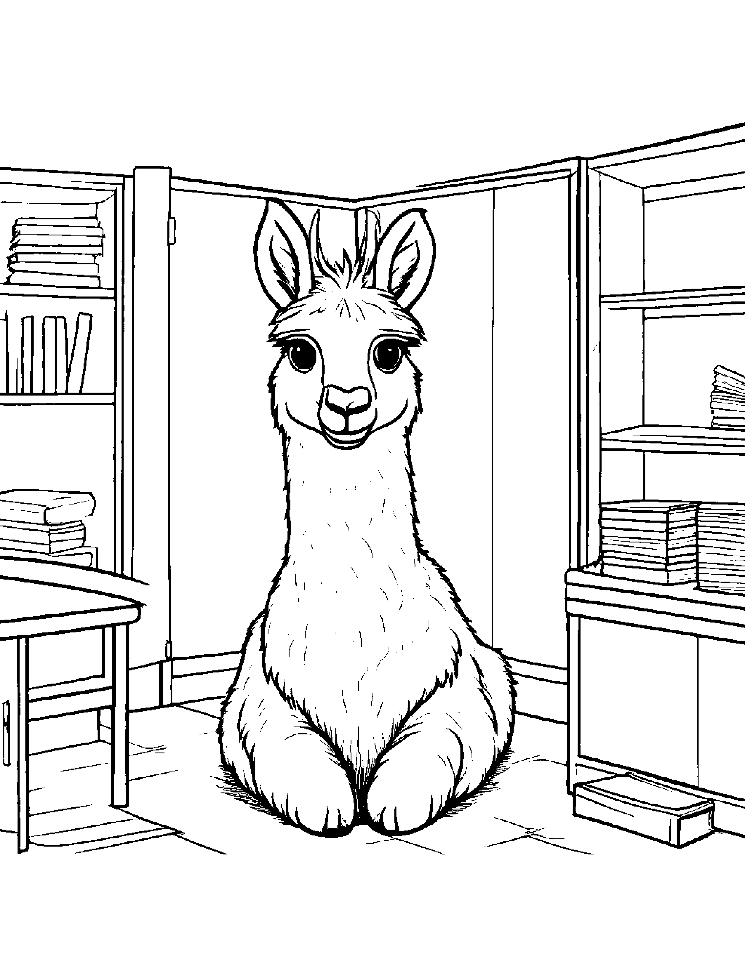 Cozy Llama In A Classroom Corner #2 Coloring Page (Free Printable PDF)