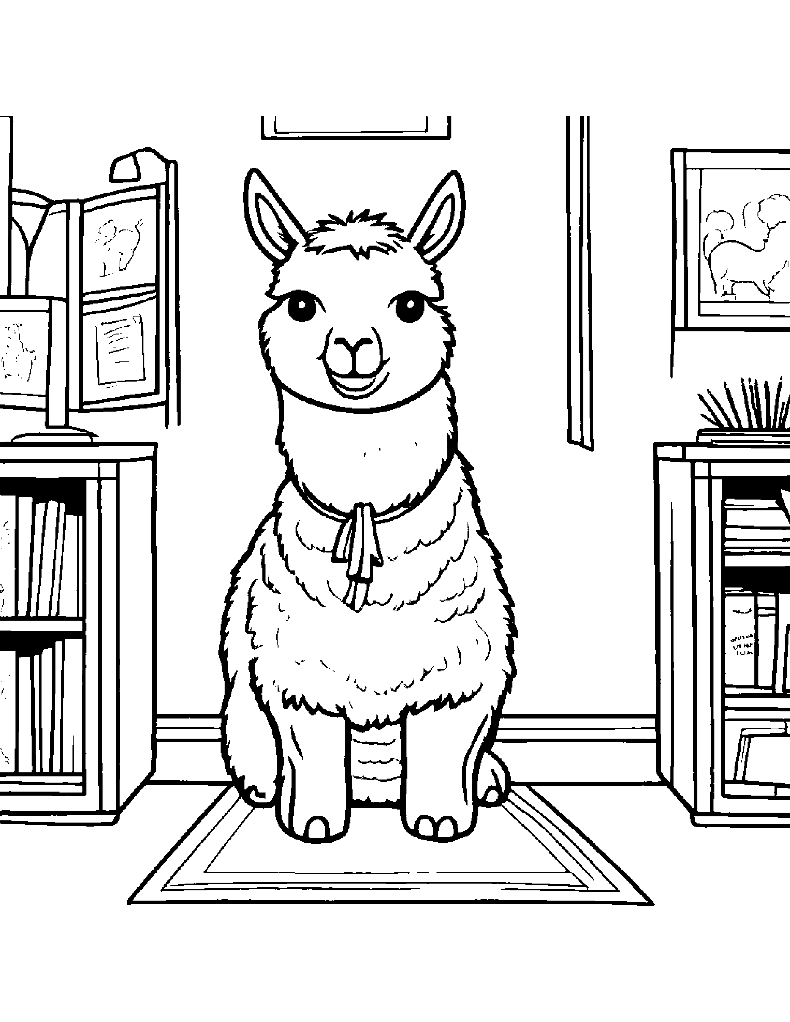 Cozy Llama In A Classroom Corner Coloring Page (Free Printable PDF)