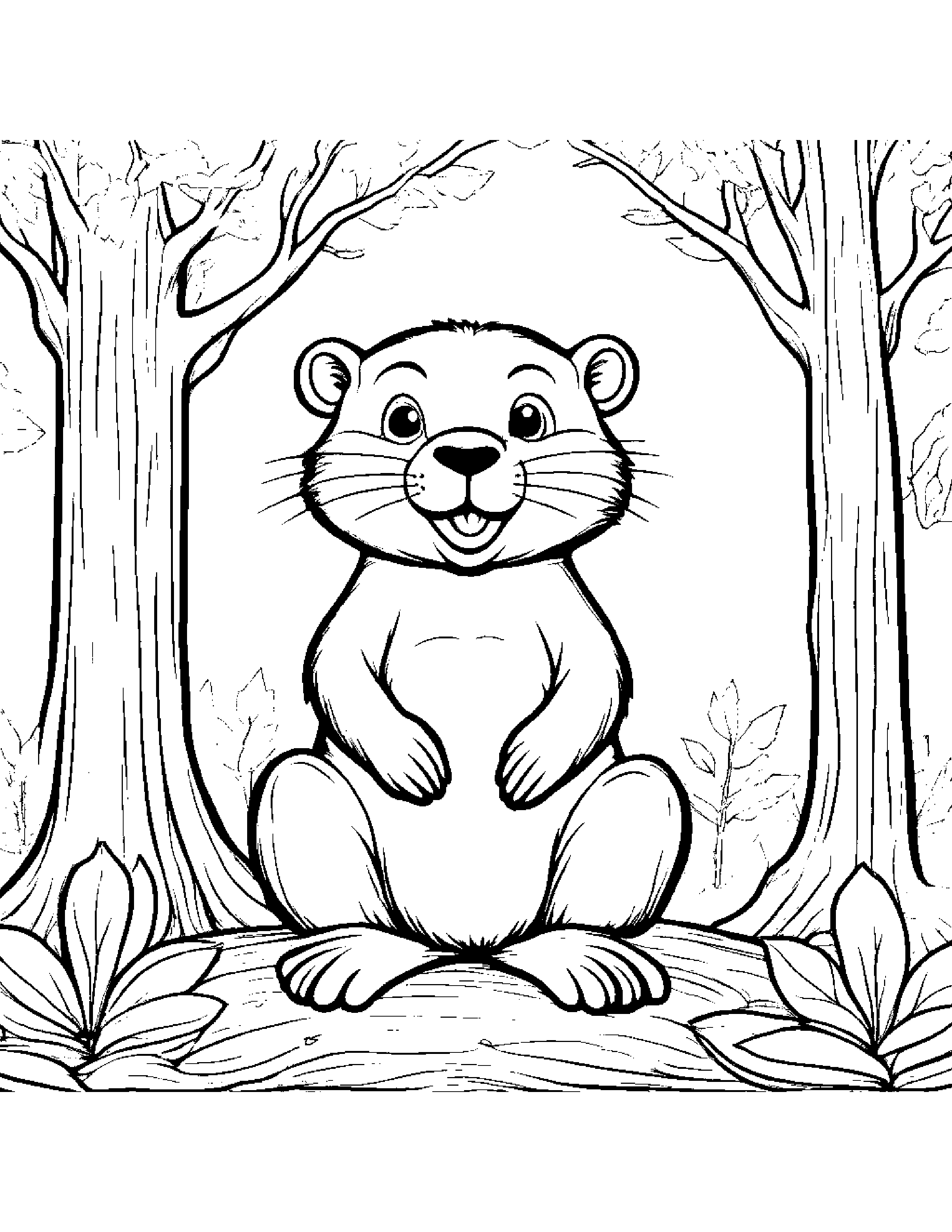Cuddly Beaver Making Silly Faces By A Little Tree Coloring Page (Free Printable PDF)