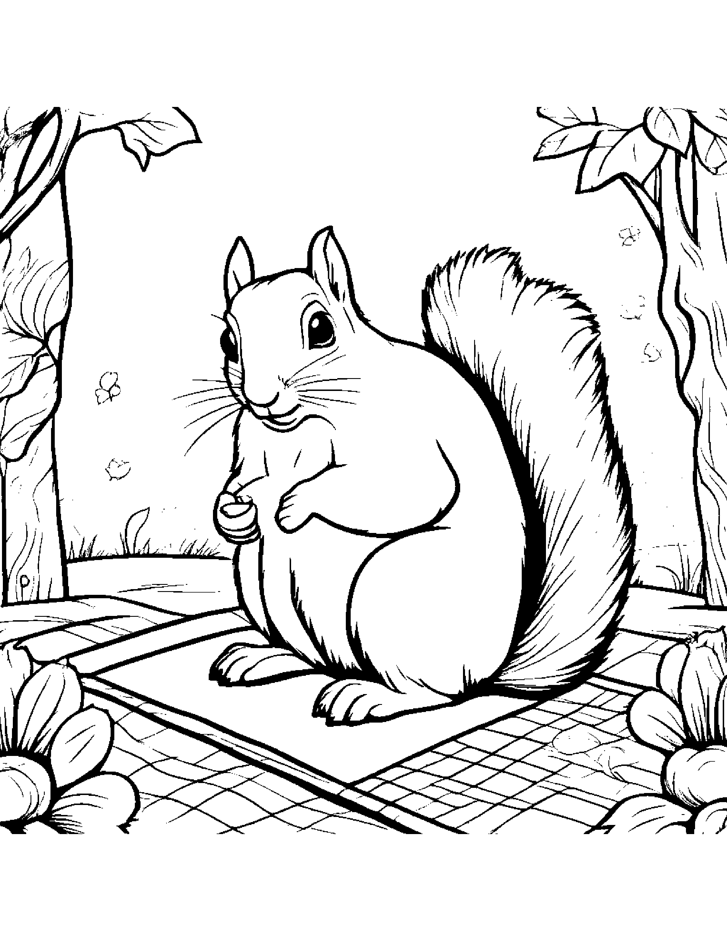 Curious Squirrel On A Picnic Blanket Coloring Page (Free Printable PDF)