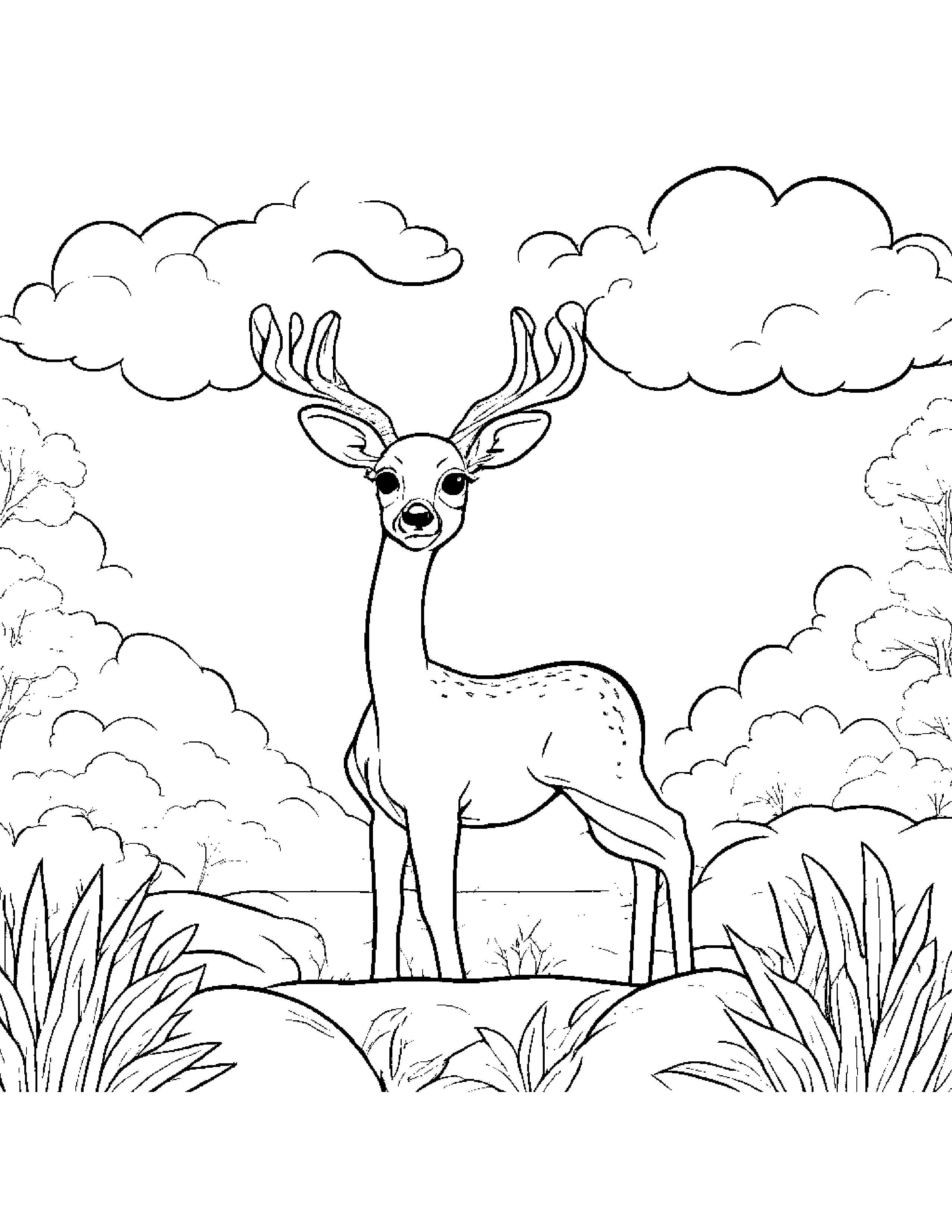 Deer Fawn Playing Hide-And-Seek On A Fluffy Cloud #2 Coloring Page (Free Printable PDF)