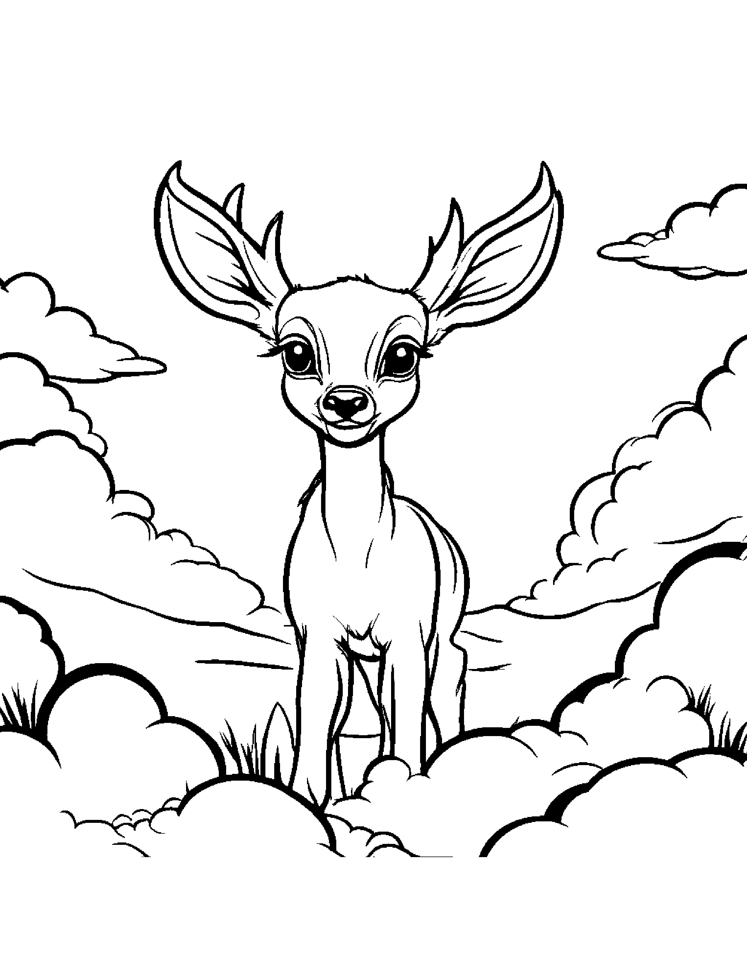 Deer Fawn Playing Hide-And-Seek On A Fluffy Cloud Coloring Page (Free Printable PDF)
