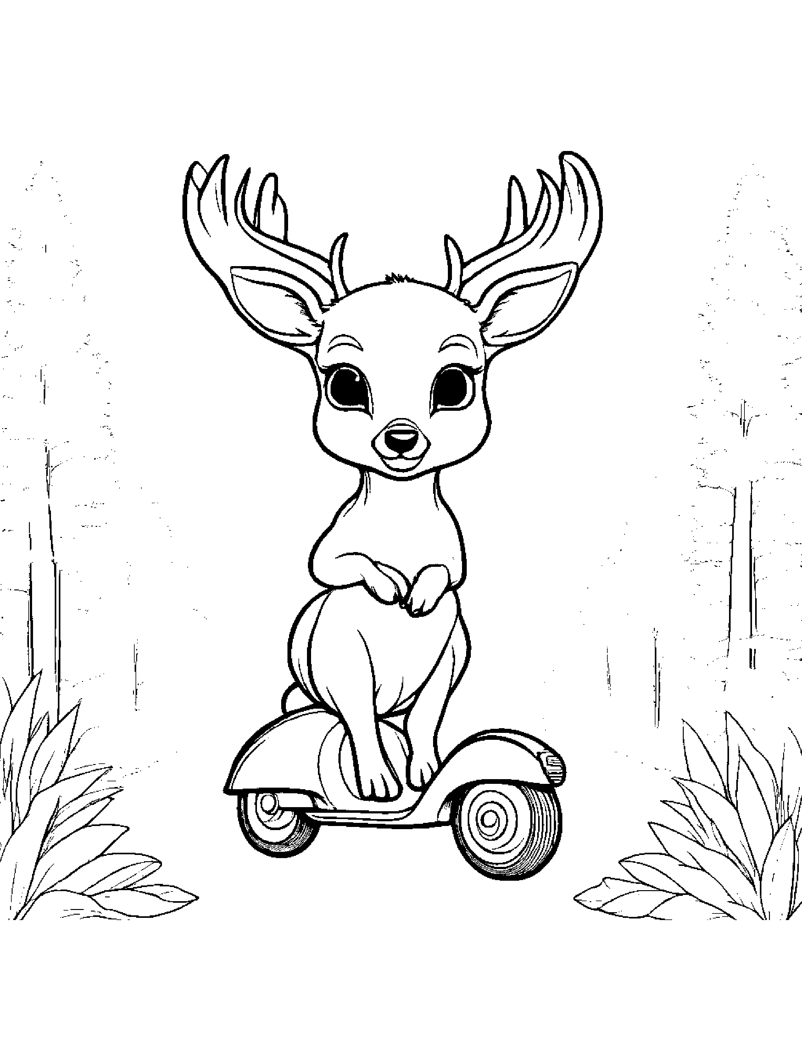 Deer Fawn Riding A Scooter #2 Coloring Page (Free Printable PDF)