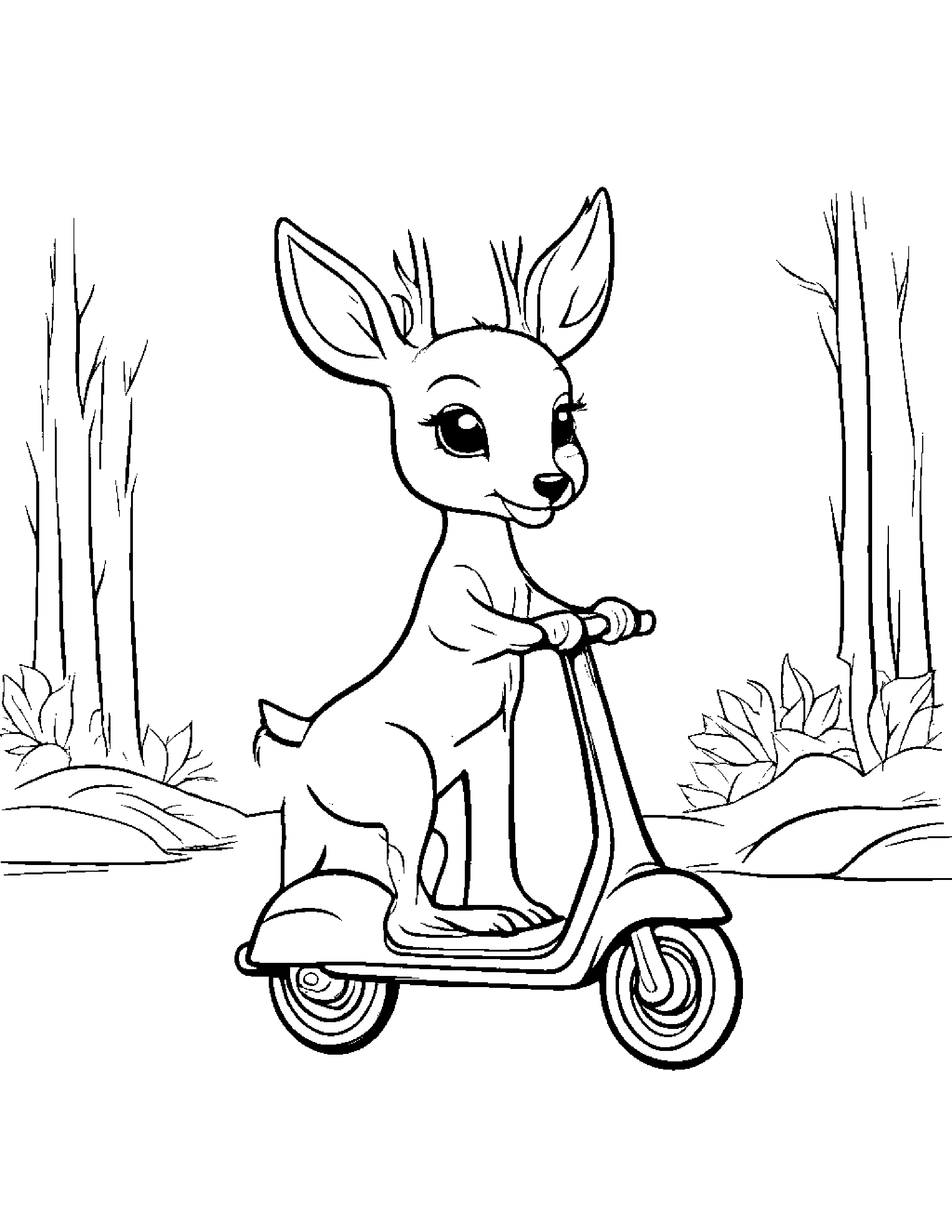 Deer Fawn Riding A Scooter #3 Coloring Page (Free Printable PDF)