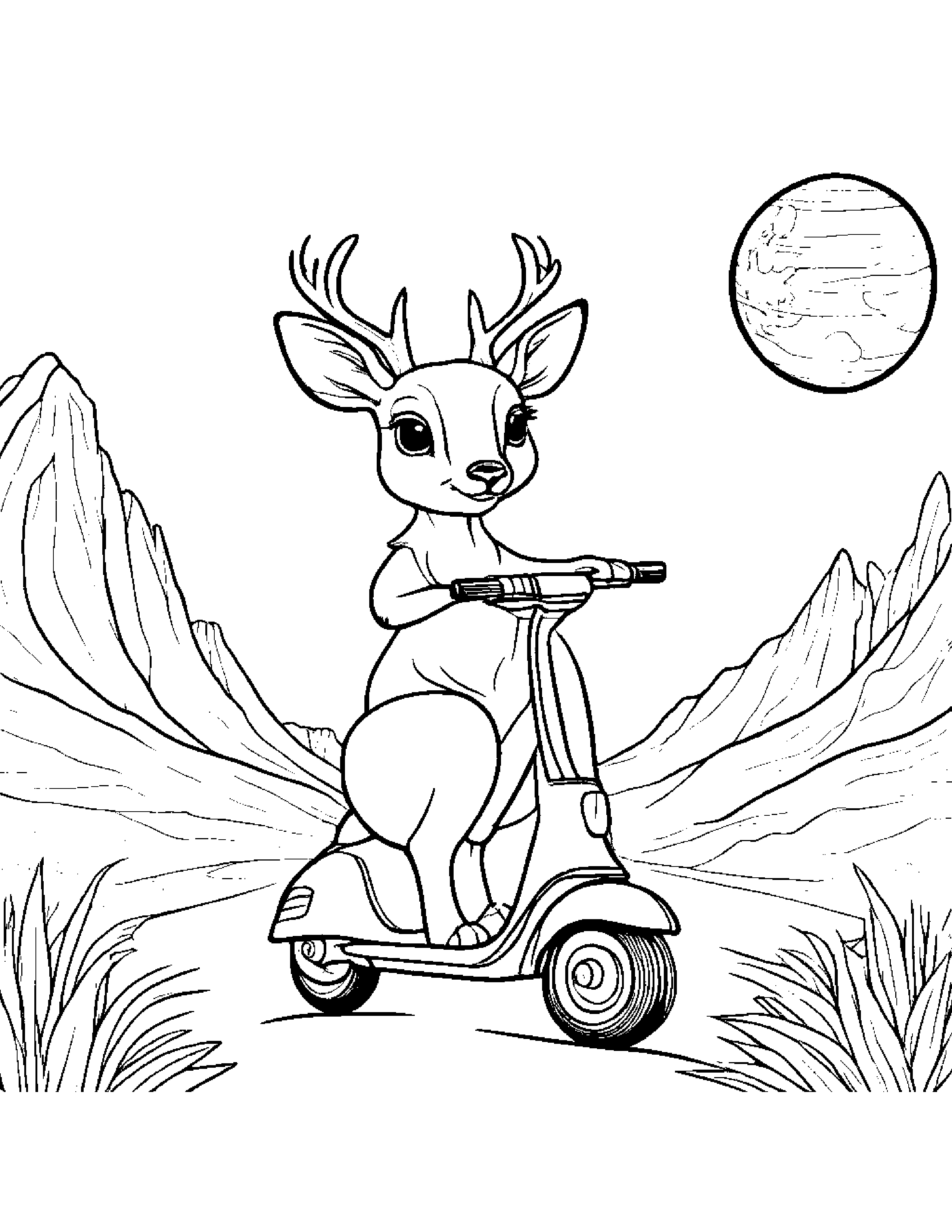 Deer Fawn Riding A Scooter On A Friendly Planet #2 Coloring Page (Free Printable PDF)
