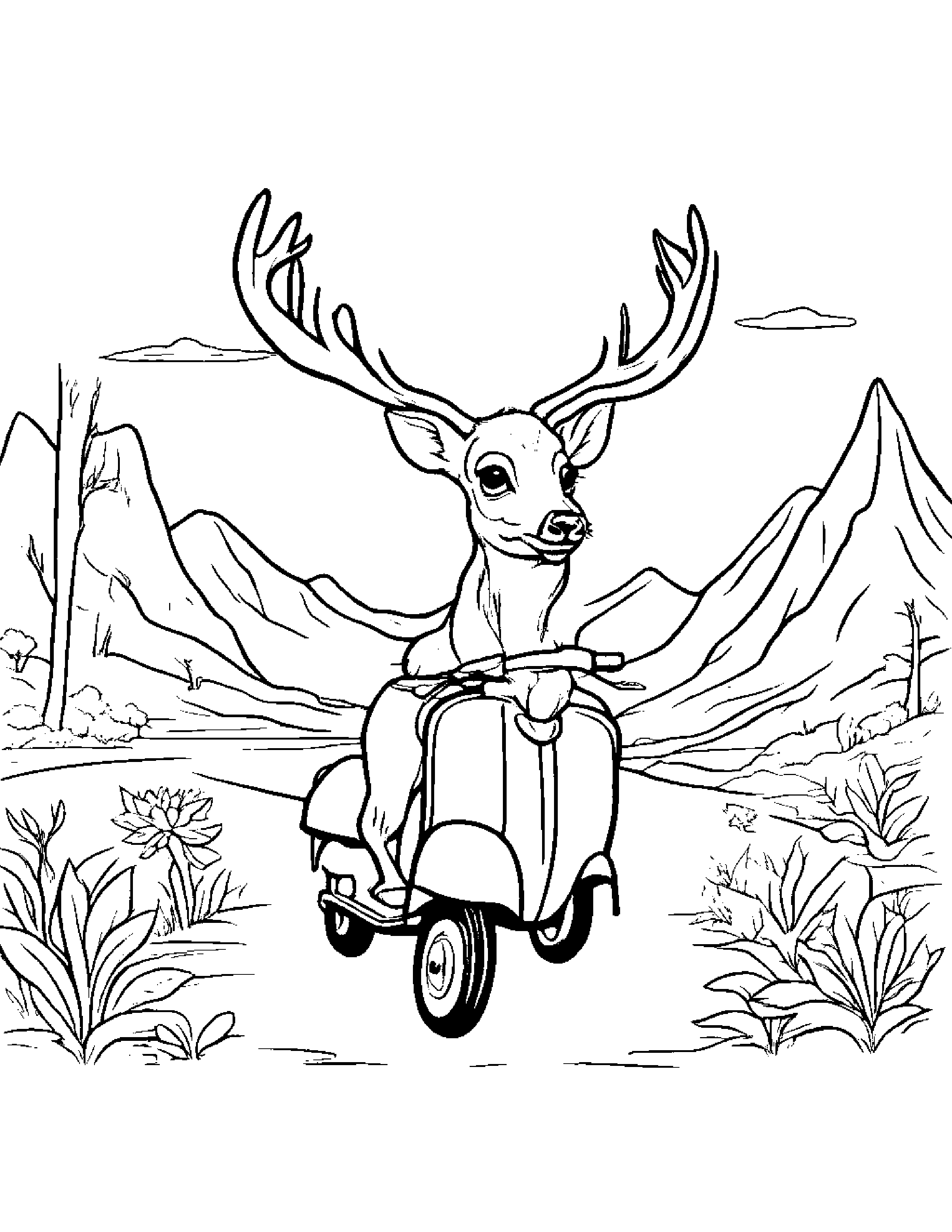 Deer Fawn Riding A Scooter On A Friendly Planet Coloring Page (Free Printable PDF)