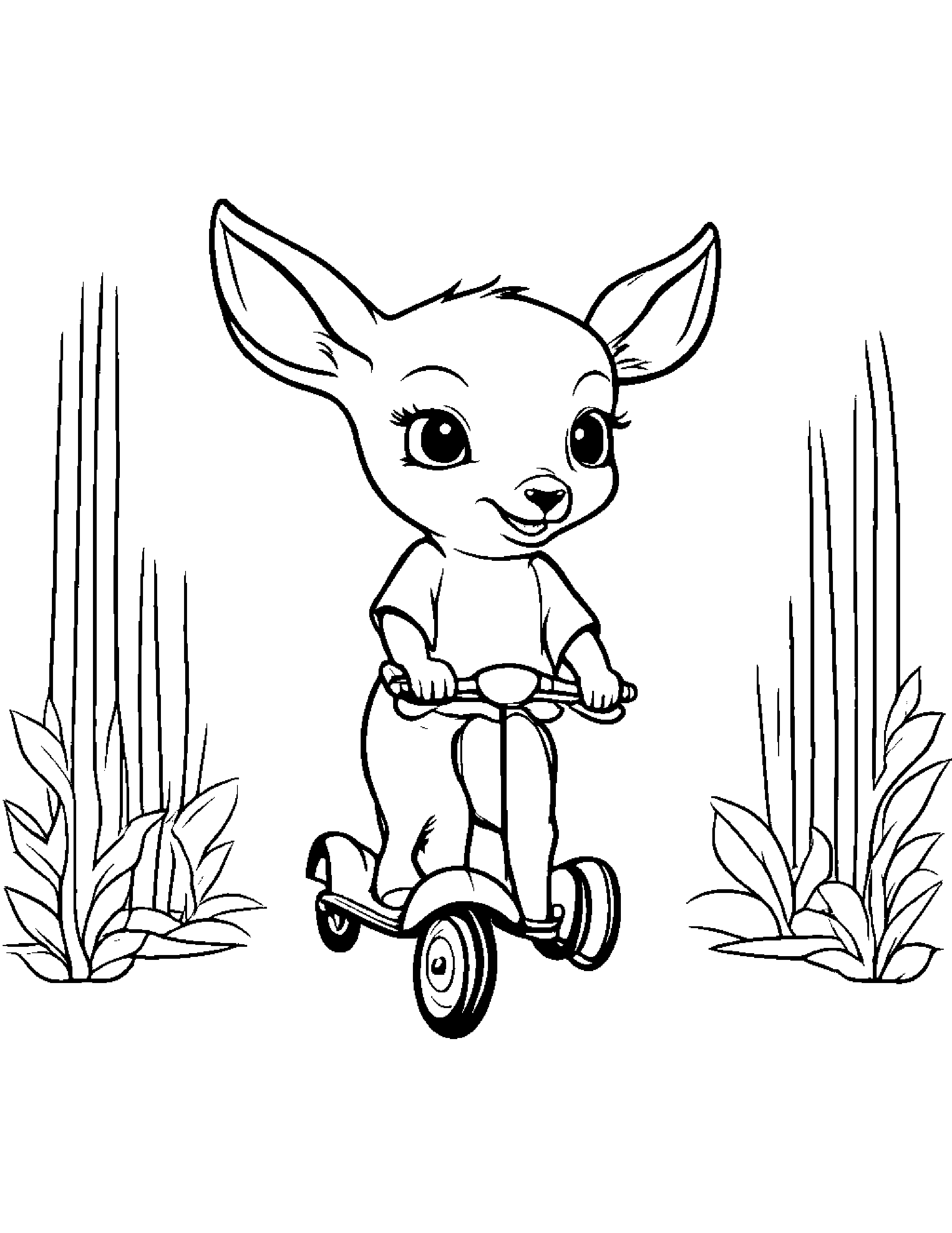 Deer Fawn Riding A Scooter Coloring Page (Free Printable PDF)