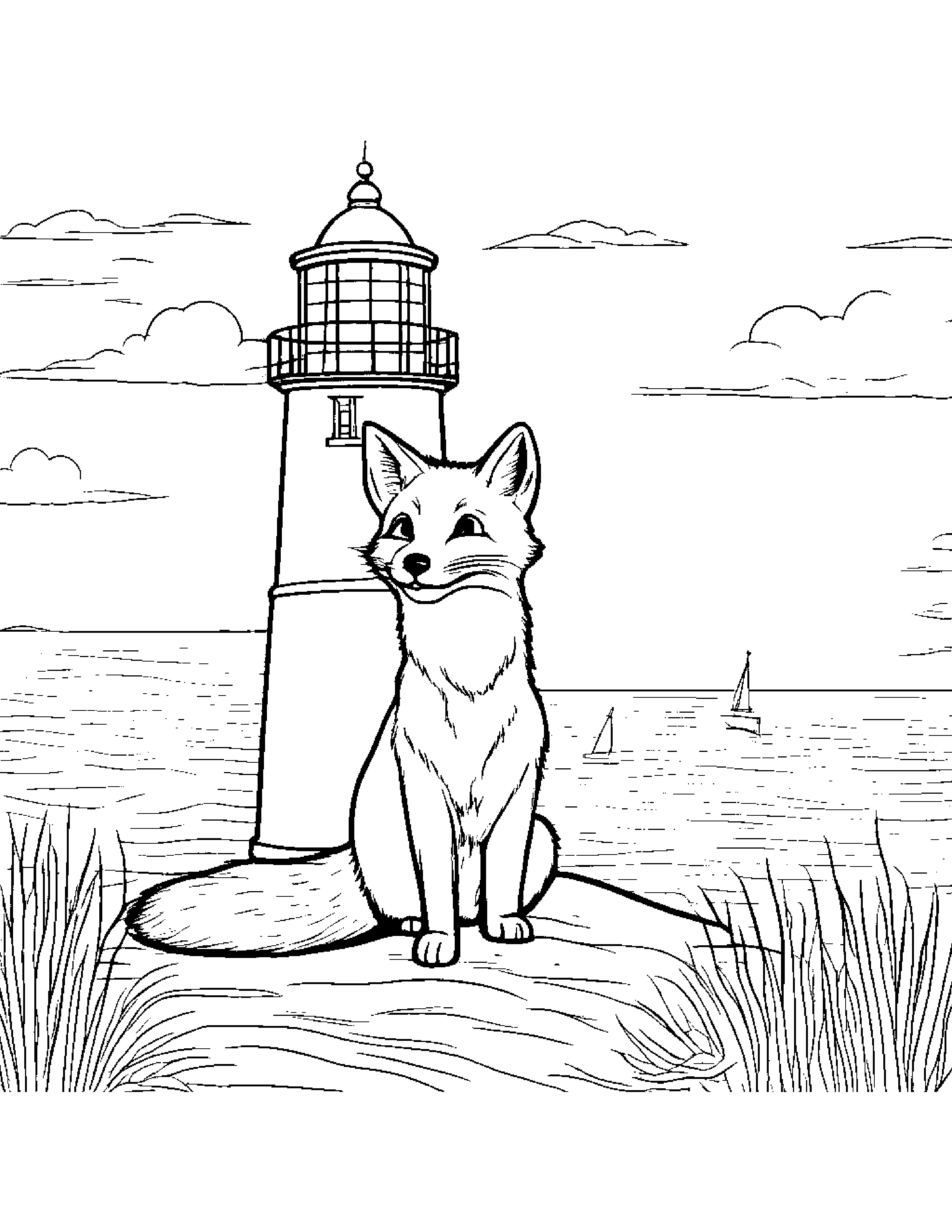 Fox Playing Pat-A-Cake Near A Lighthouse #2 Coloring Page (Free Printable PDF)