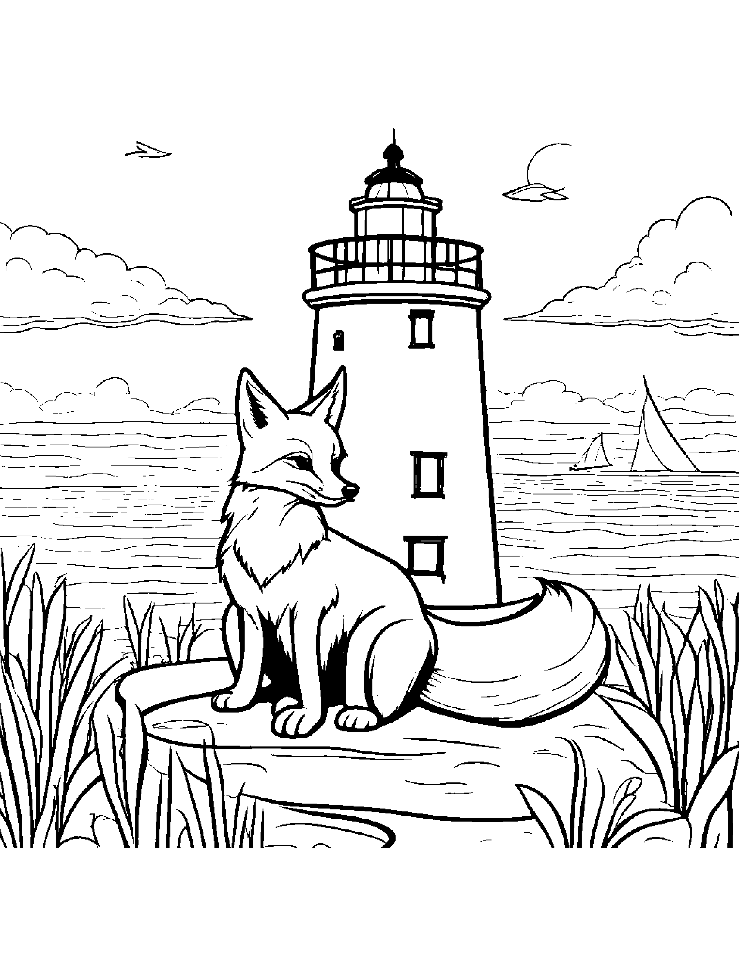Fox Playing Pat-A-Cake Near A Lighthouse #3 Coloring Page (Free Printable PDF)