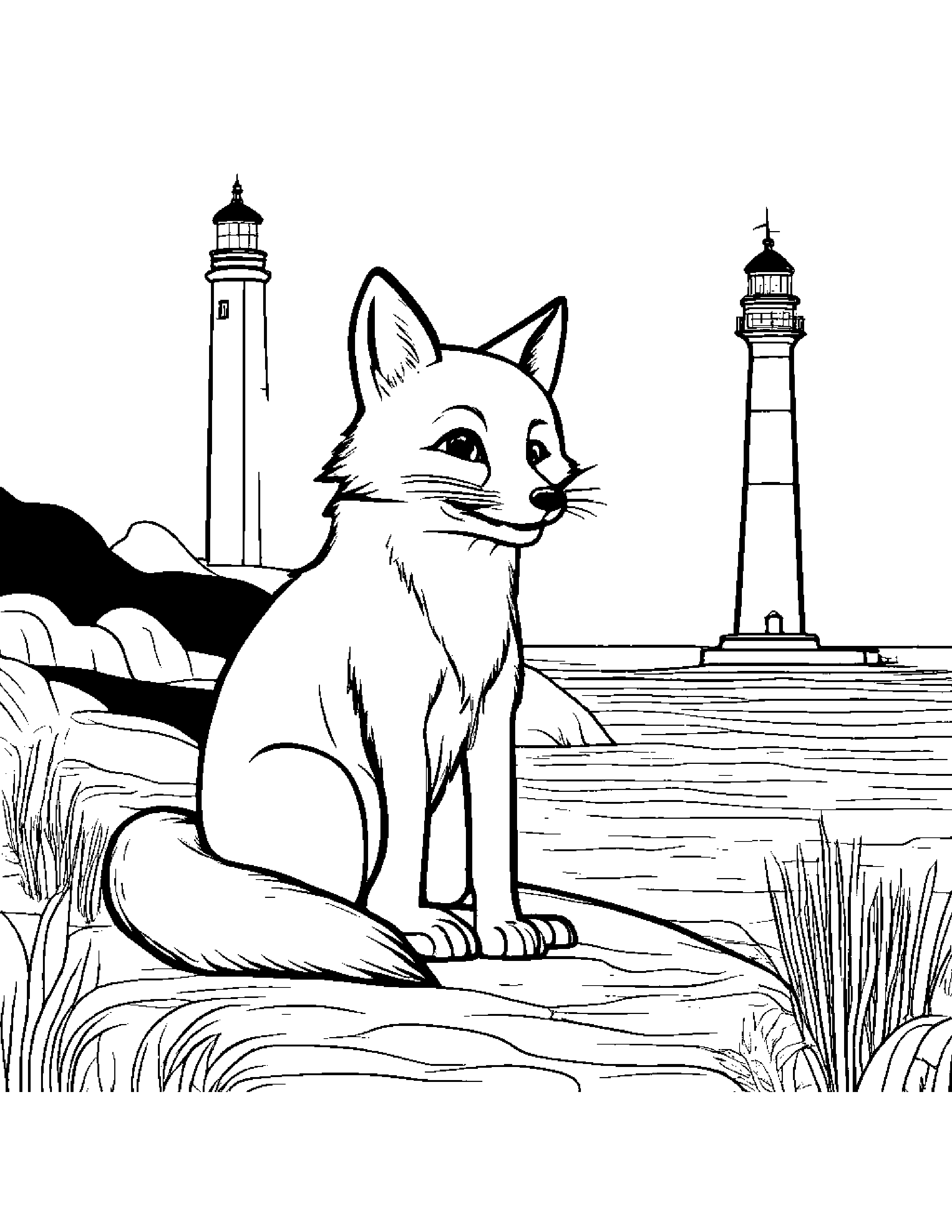 Fox Playing Pat-A-Cake Near A Lighthouse #5 Coloring Page (Free Printable PDF)