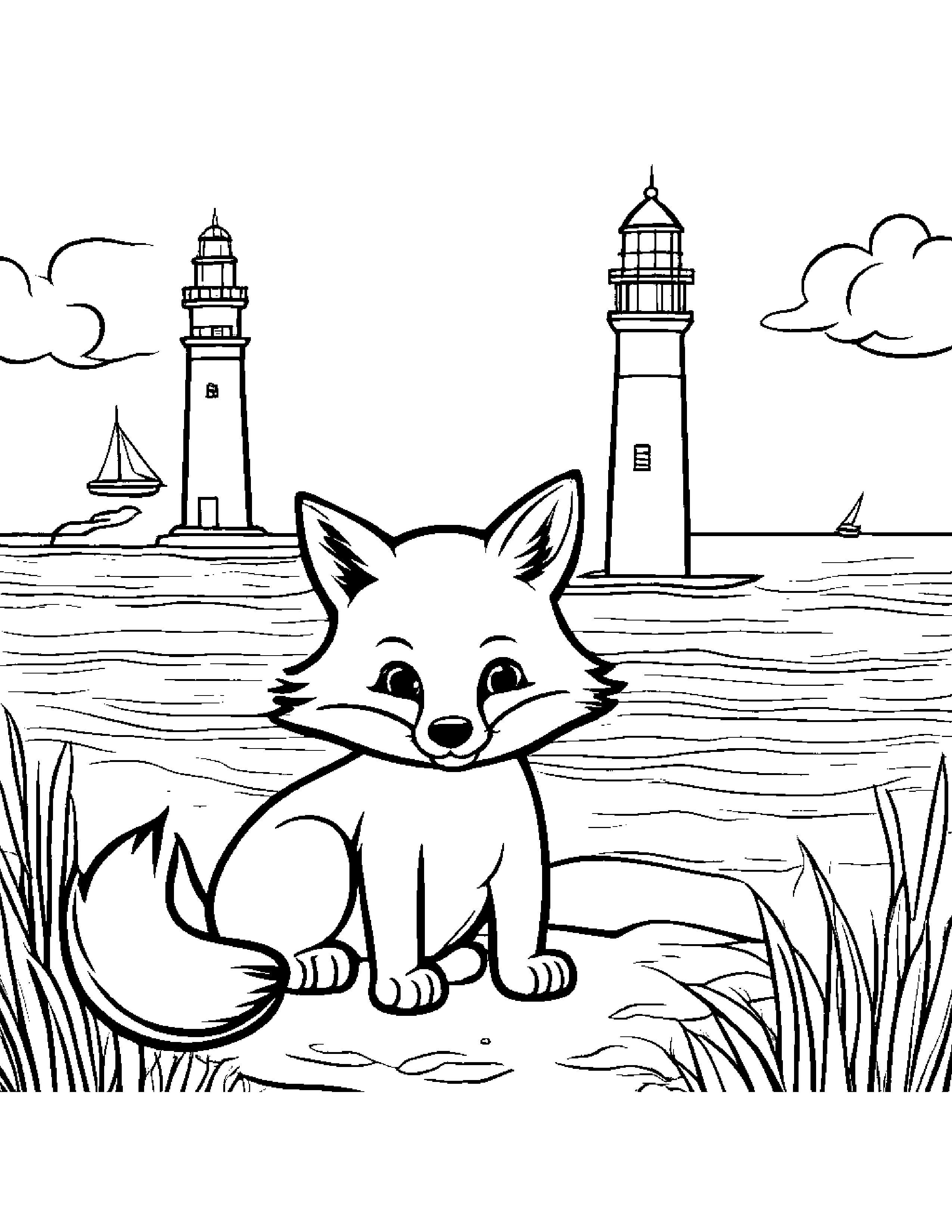 Fox Playing Pat-A-Cake Near A Lighthouse Coloring Page (Free Printable PDF)