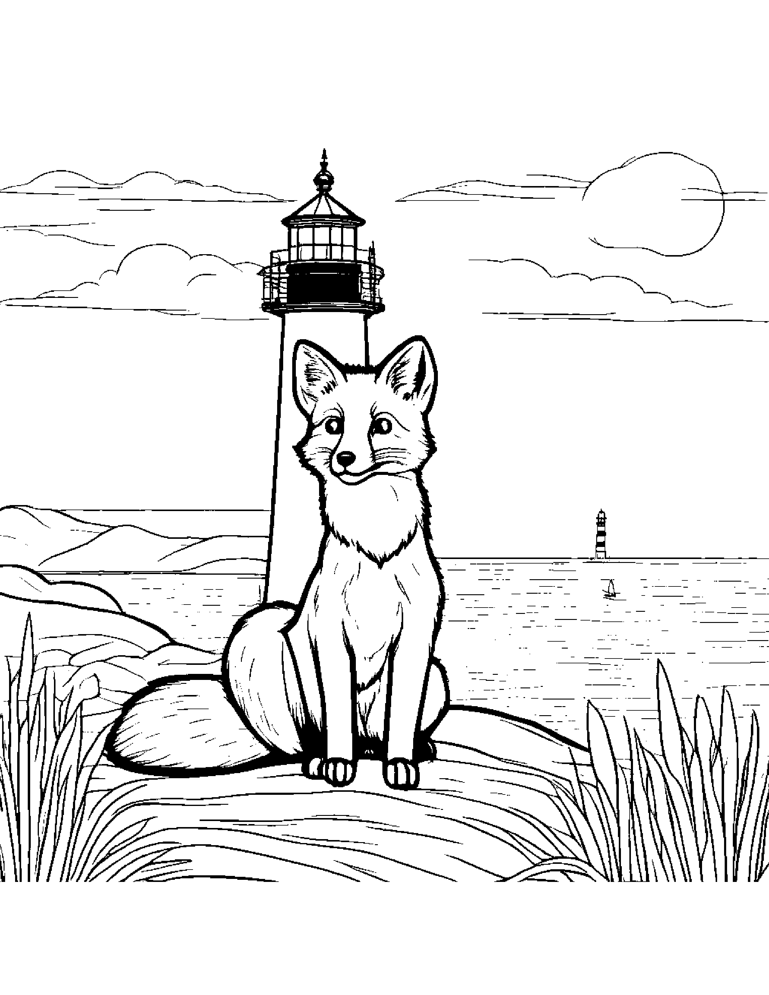 Friendly Fox Near A Lighthouse #2 Coloring Page (Free Printable PDF)