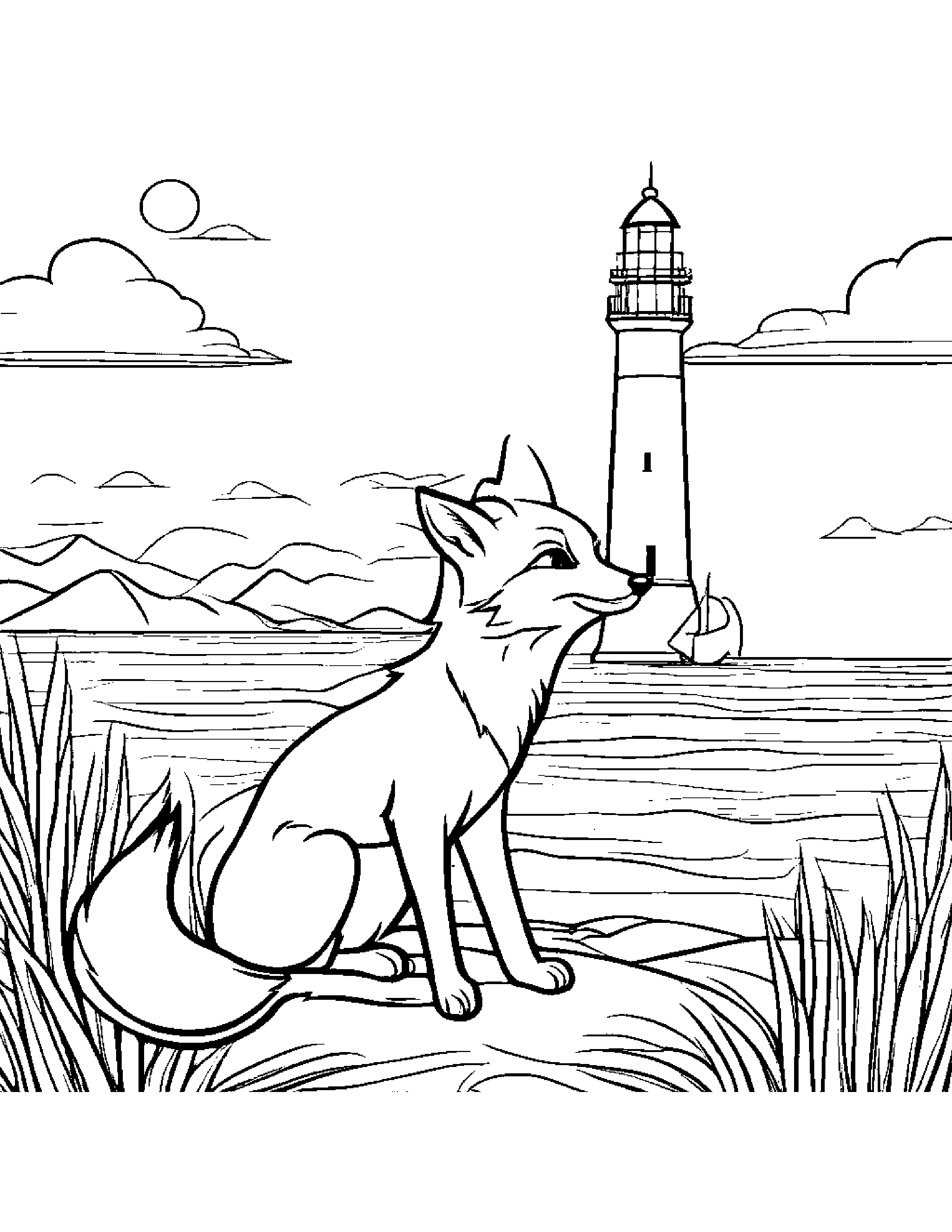Friendly Fox Near A Lighthouse #3 Coloring Page (Free Printable PDF)