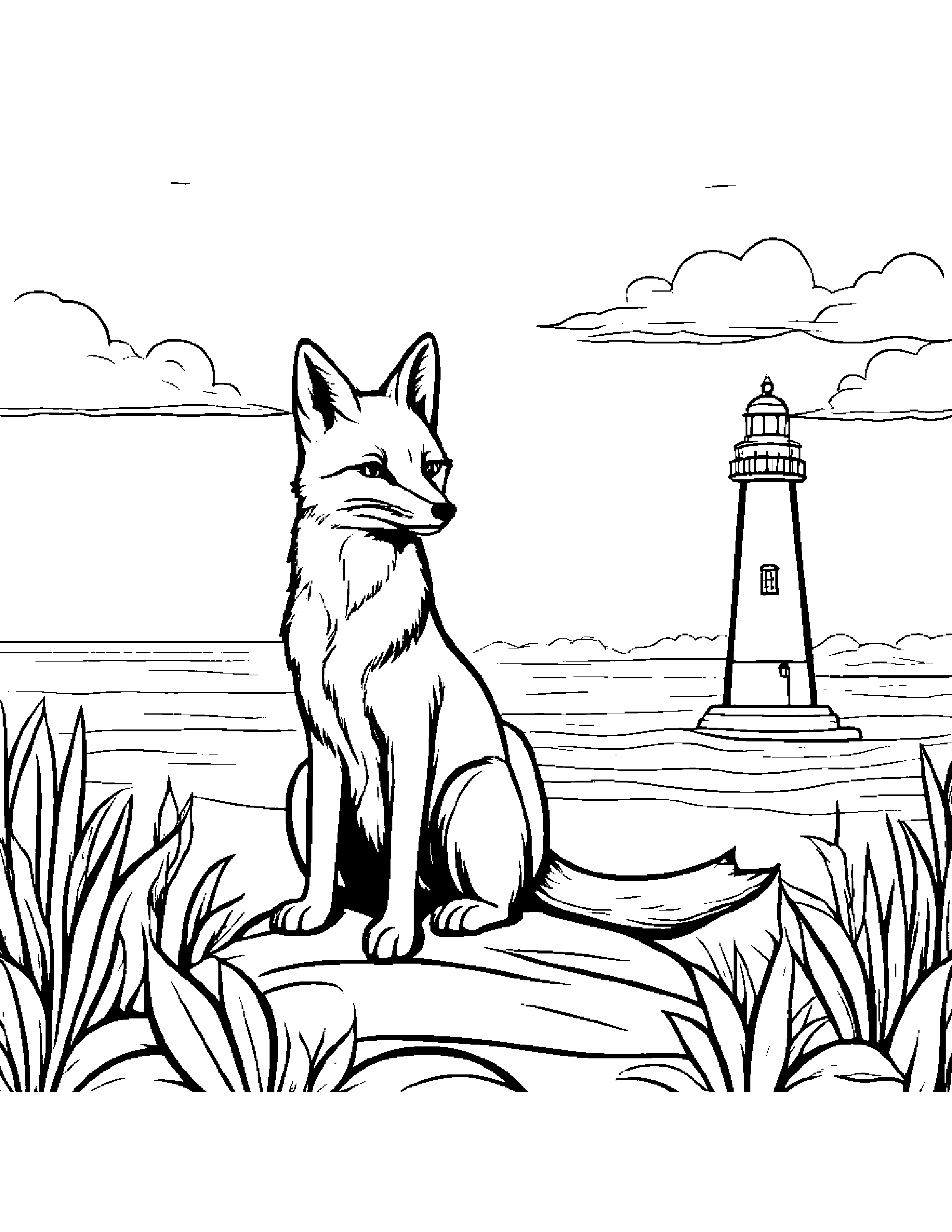 Friendly Fox Near A Lighthouse Coloring Page (Free Printable PDF)