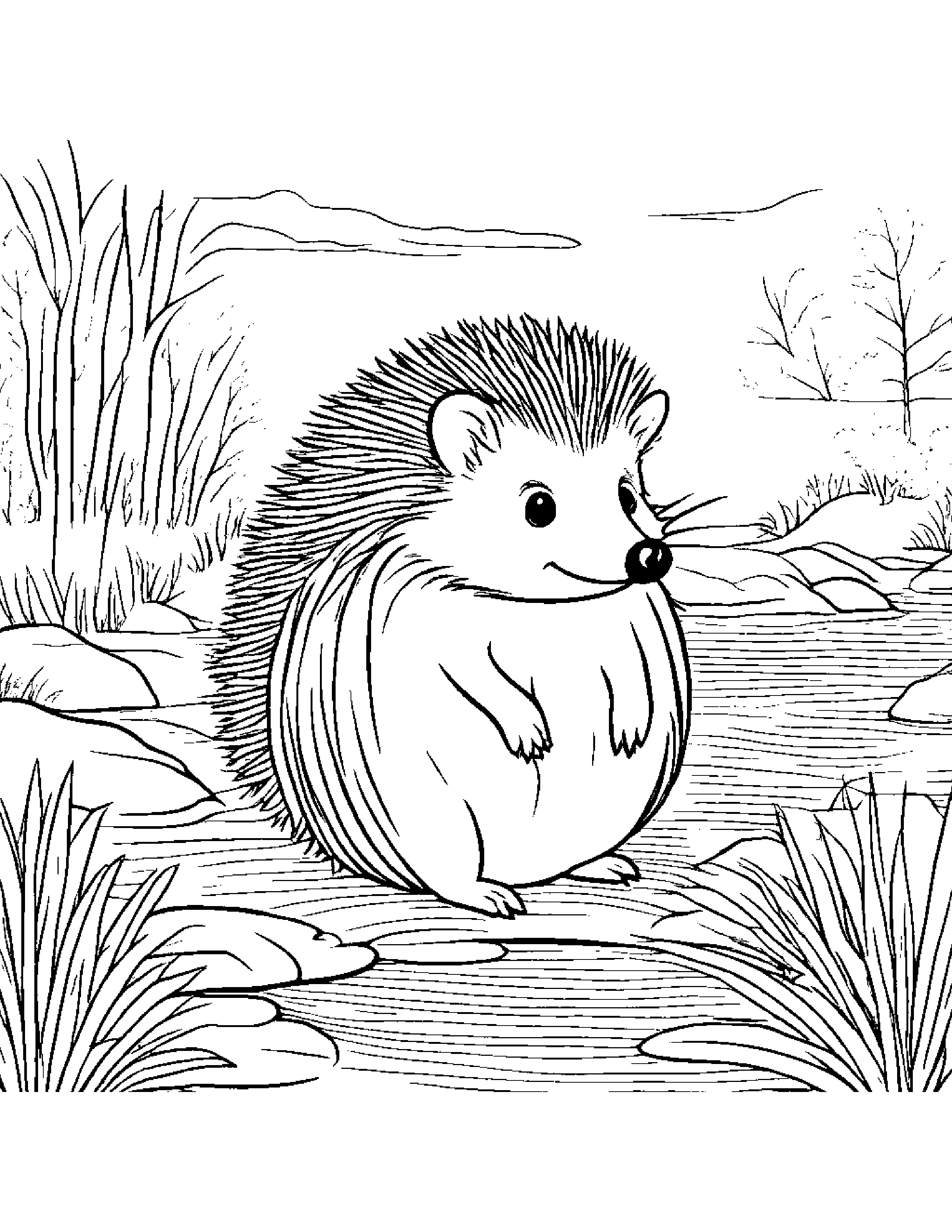 Hedgehog With A Soft Scarf Near A Gentle Stream #2 Coloring Page (Free Printable PDF)