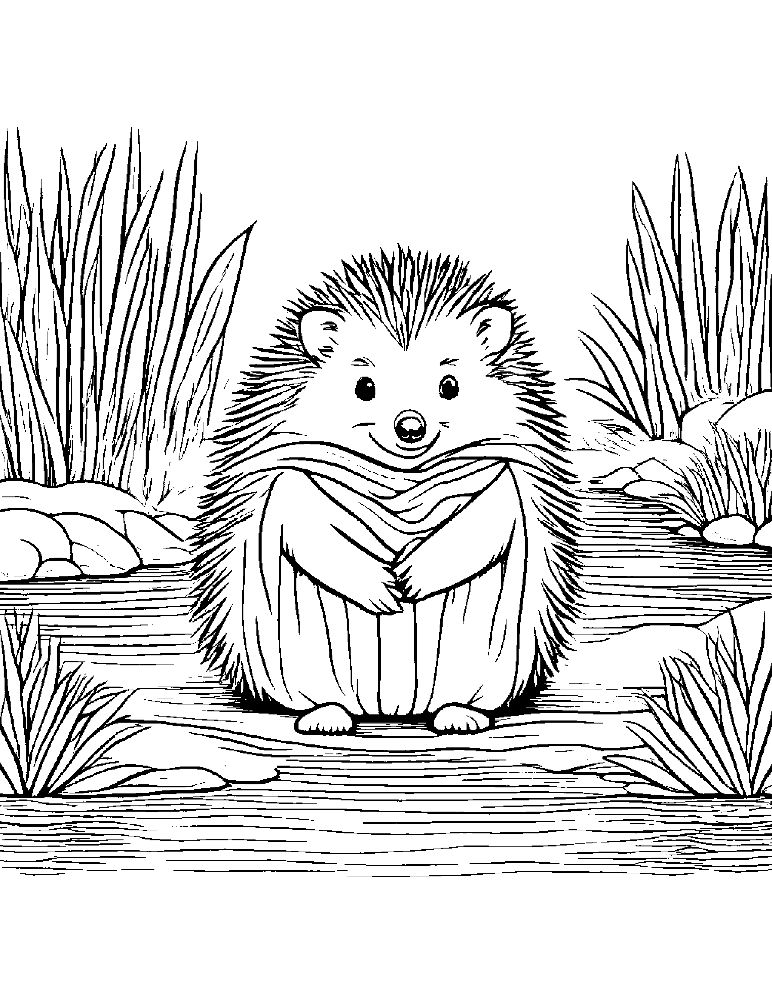 Hedgehog With A Soft Scarf Near A Gentle Stream #3 Coloring Page (Free Printable PDF)
