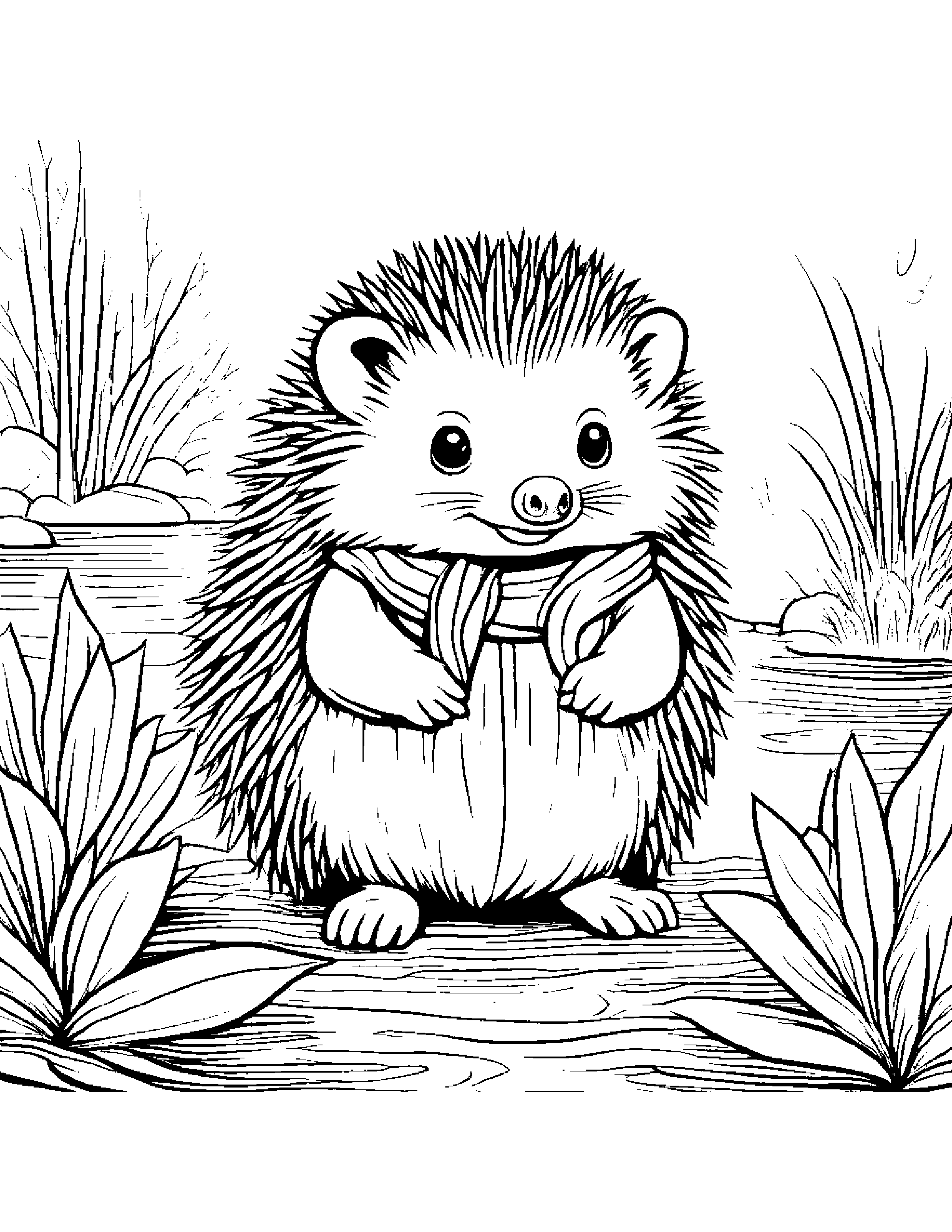Hedgehog With A Soft Scarf Near A Gentle Stream Coloring Page (Free Printable PDF)