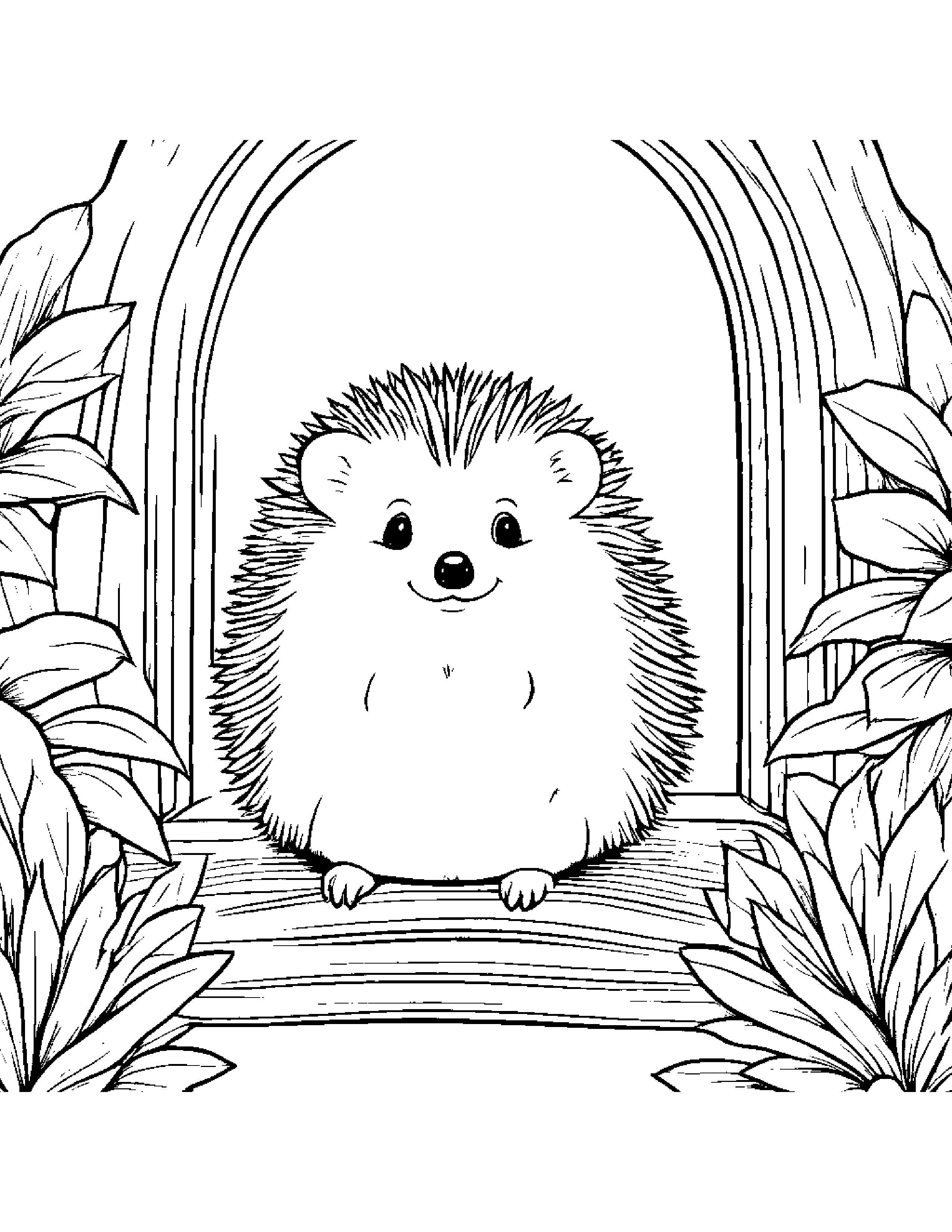 Hedgehog With A Tiny Bow By A Reading Nook #2 Coloring Page (Free Printable PDF)