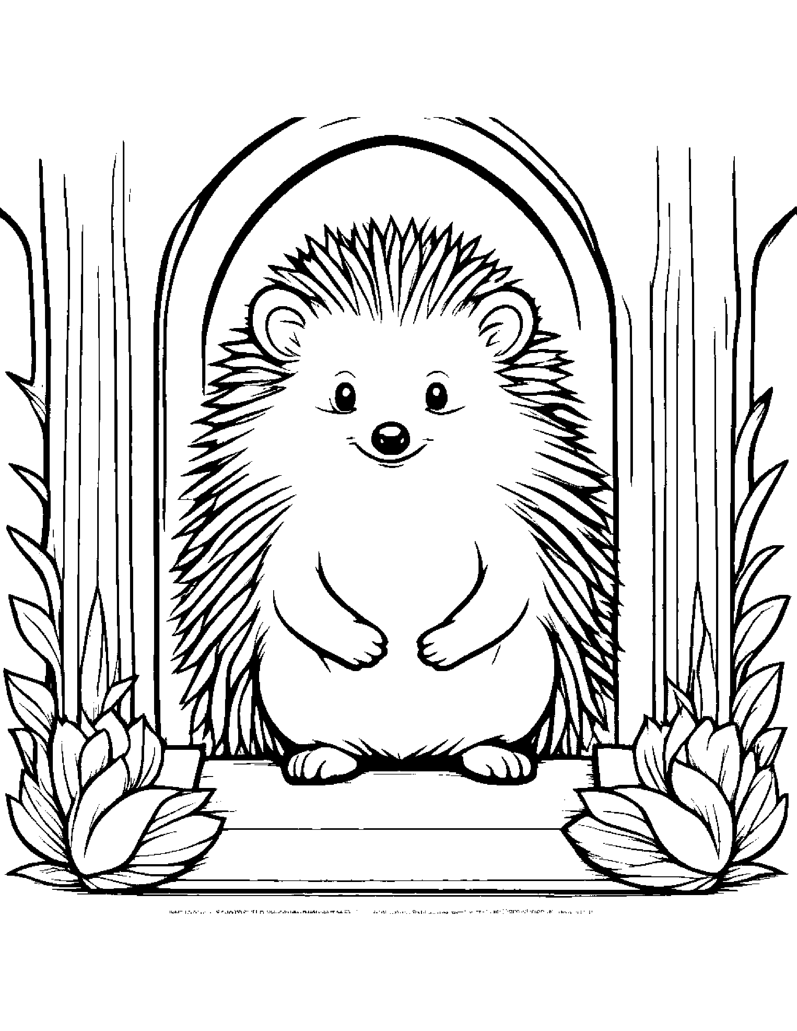 Hedgehog With A Tiny Bow By A Reading Nook #3 Coloring Page (Free Printable PDF)