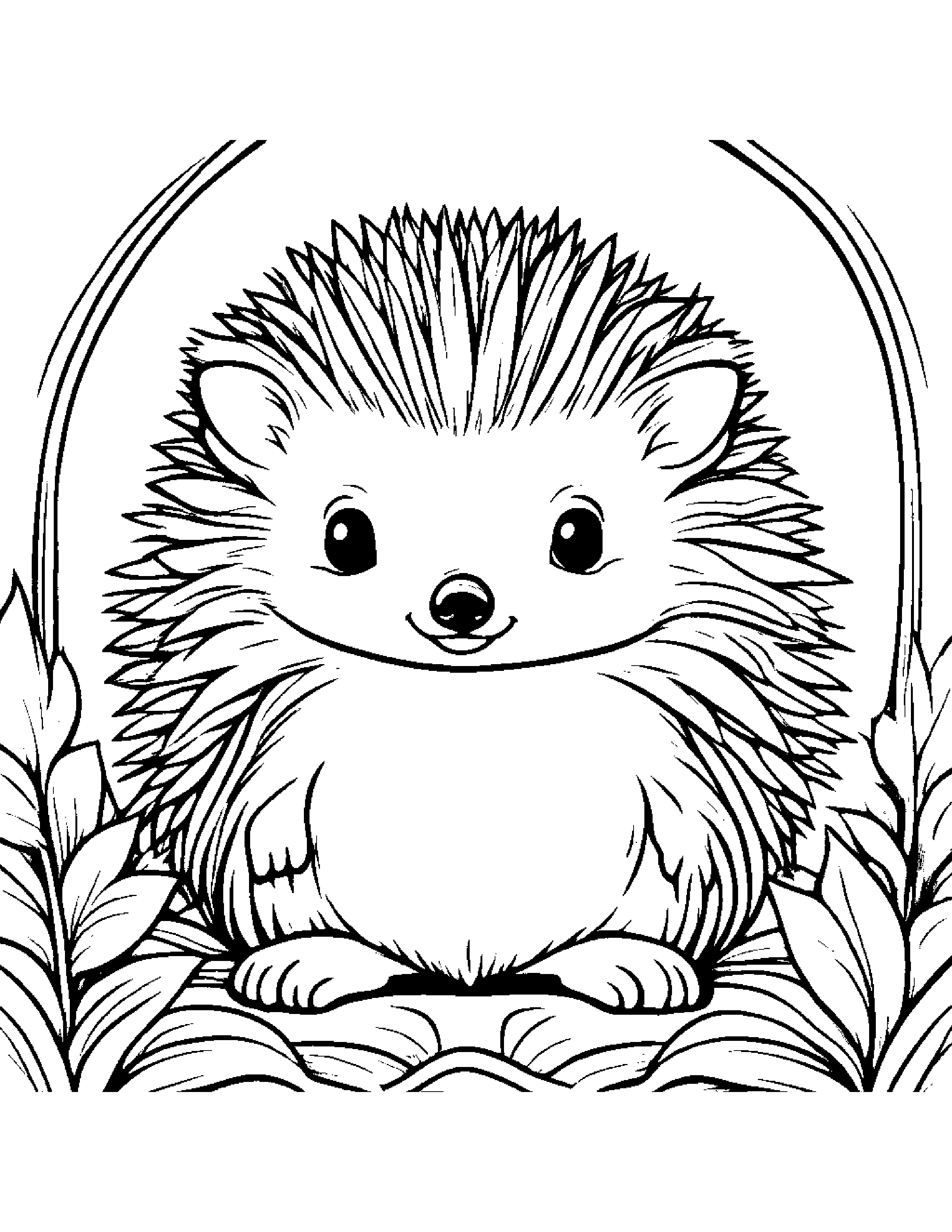 Hedgehog With A Tiny Bow By A Reading Nook #4 Coloring Page (Free Printable PDF)