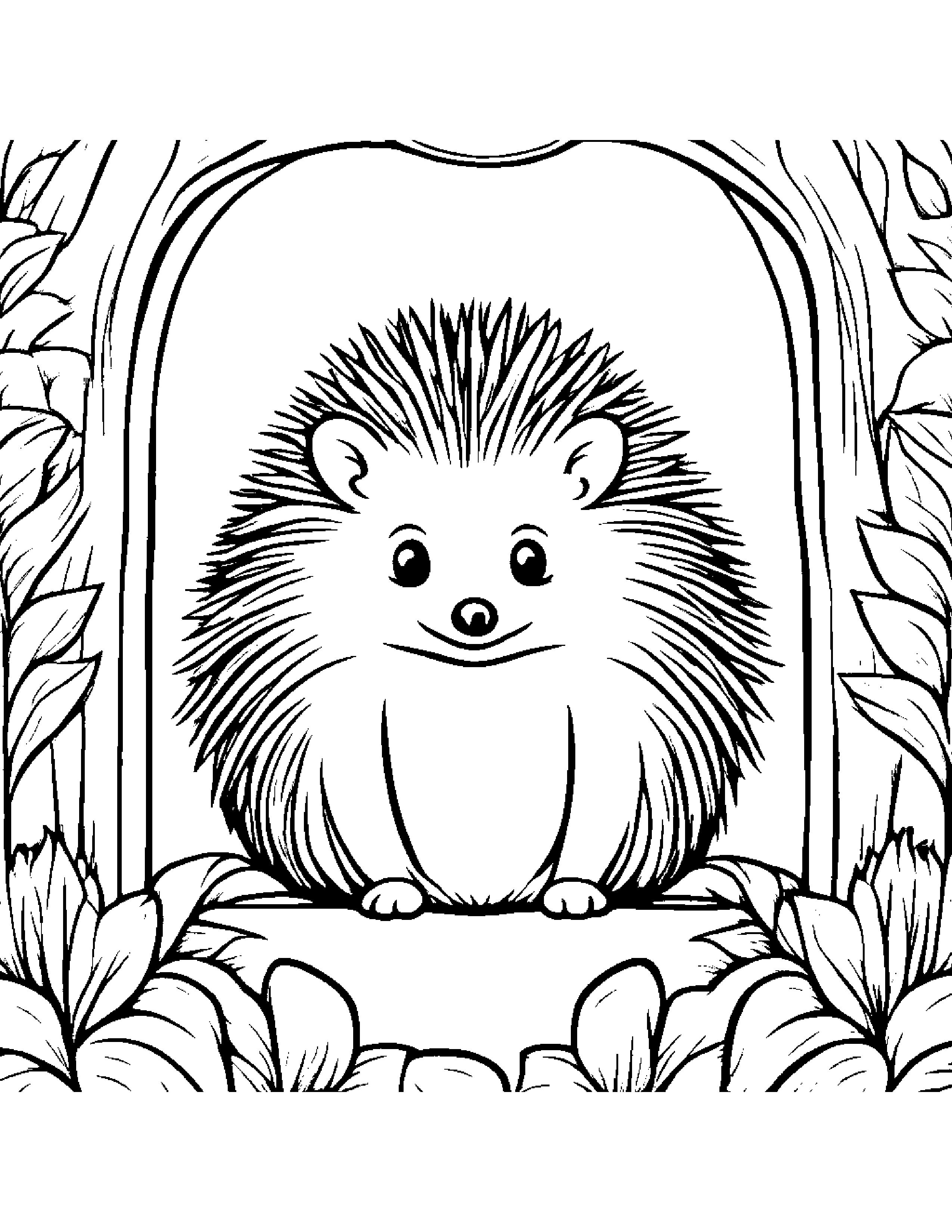 Hedgehog With A Tiny Bow By A Reading Nook Coloring Page (Free Printable PDF)