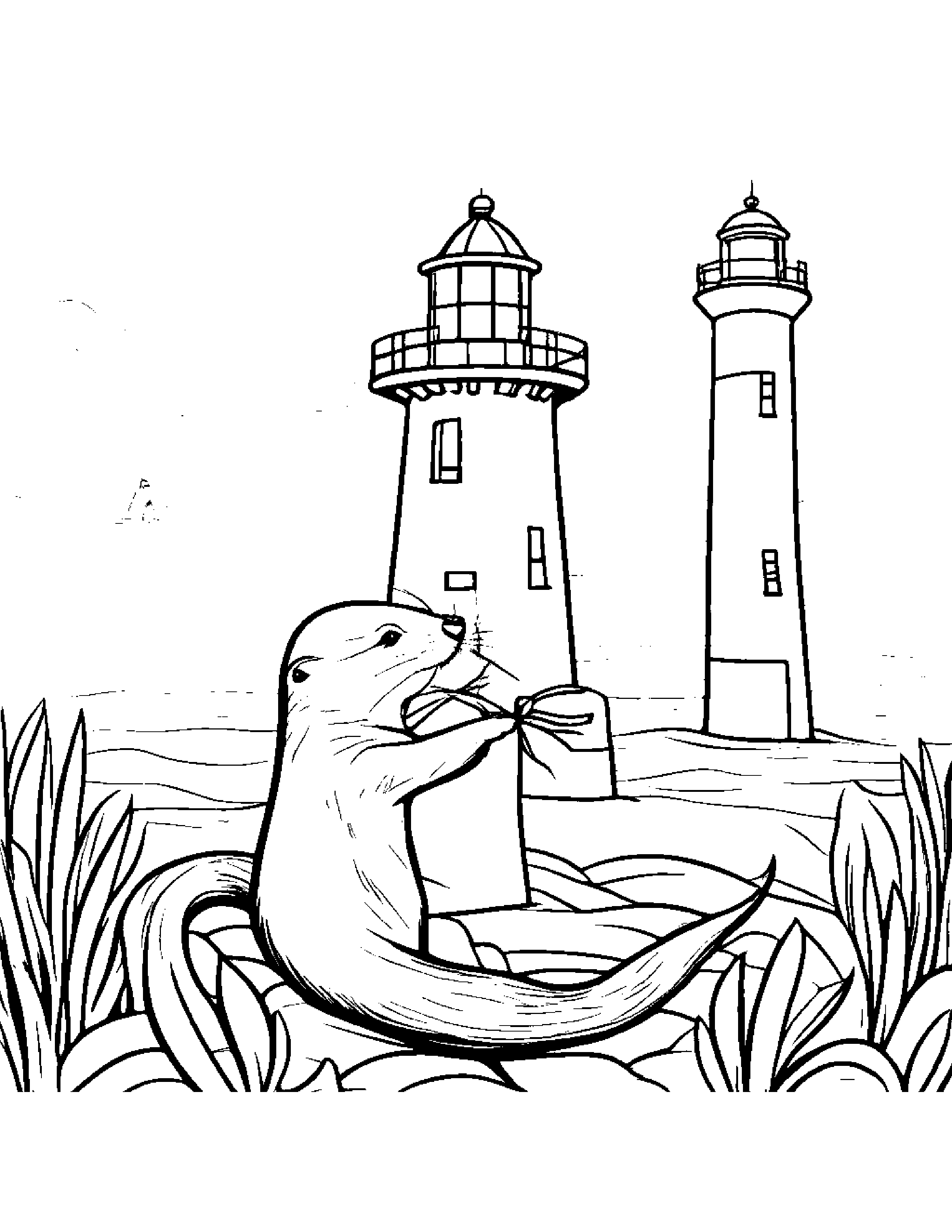 Jolly Otter Learning To Tie A Bow Near A Lighthouse #2 Coloring Page (Free Printable PDF)