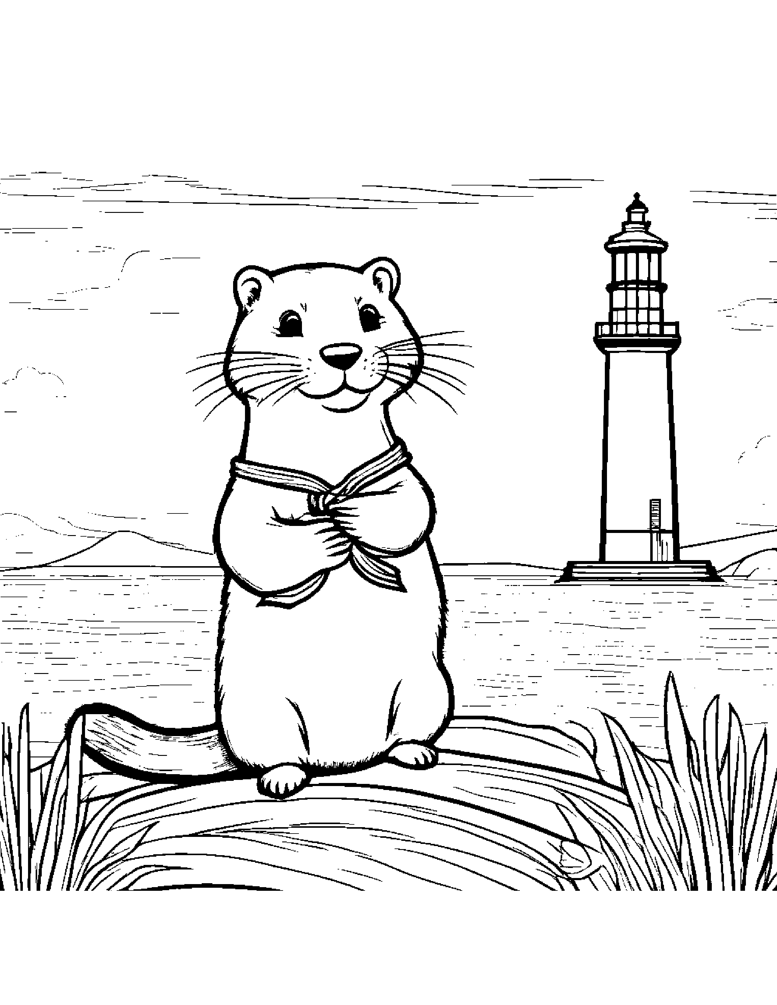 Jolly Otter Learning To Tie A Bow Near A Lighthouse #3 Coloring Page (Free Printable PDF)