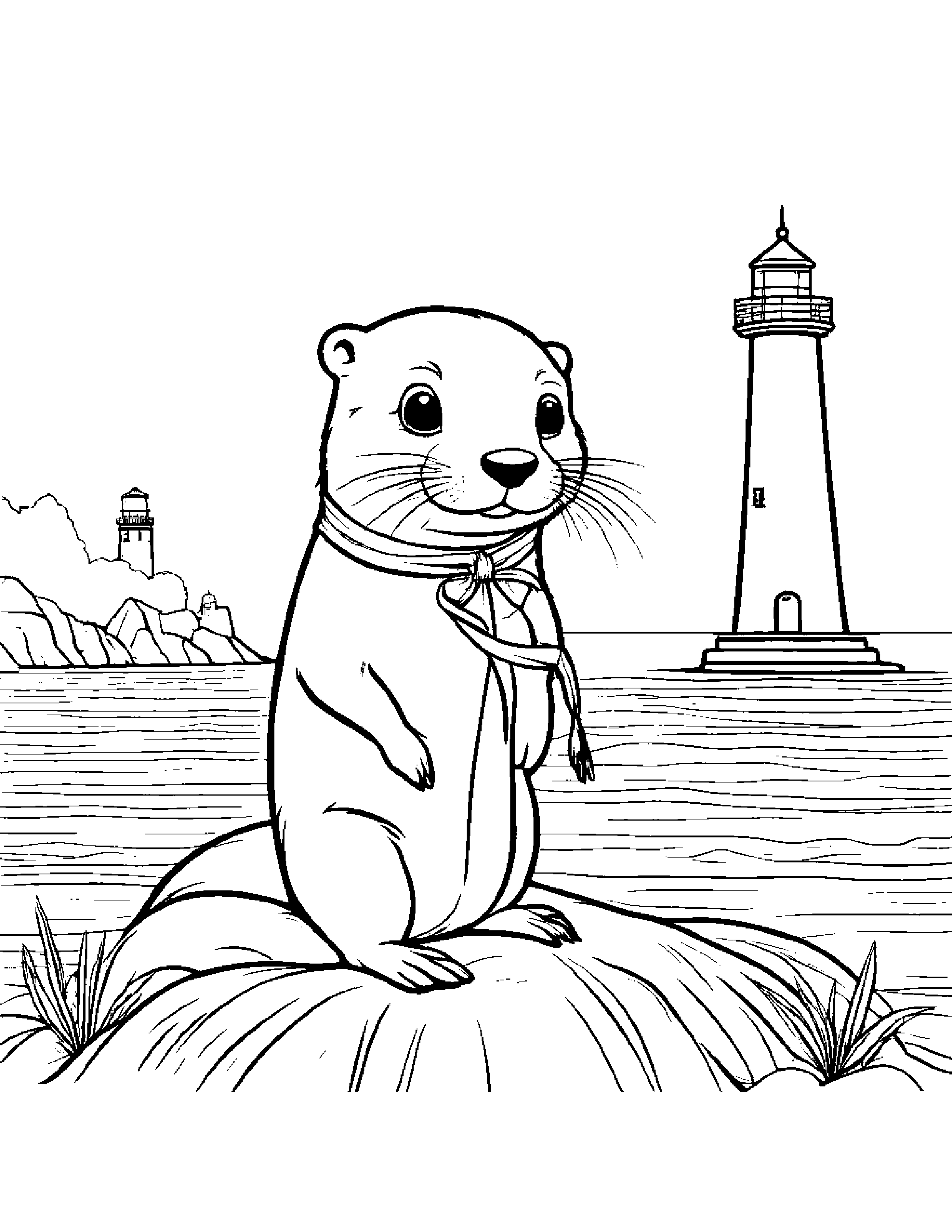Jolly Otter Learning To Tie A Bow Near A Lighthouse #4 Coloring Page (Free Printable PDF)