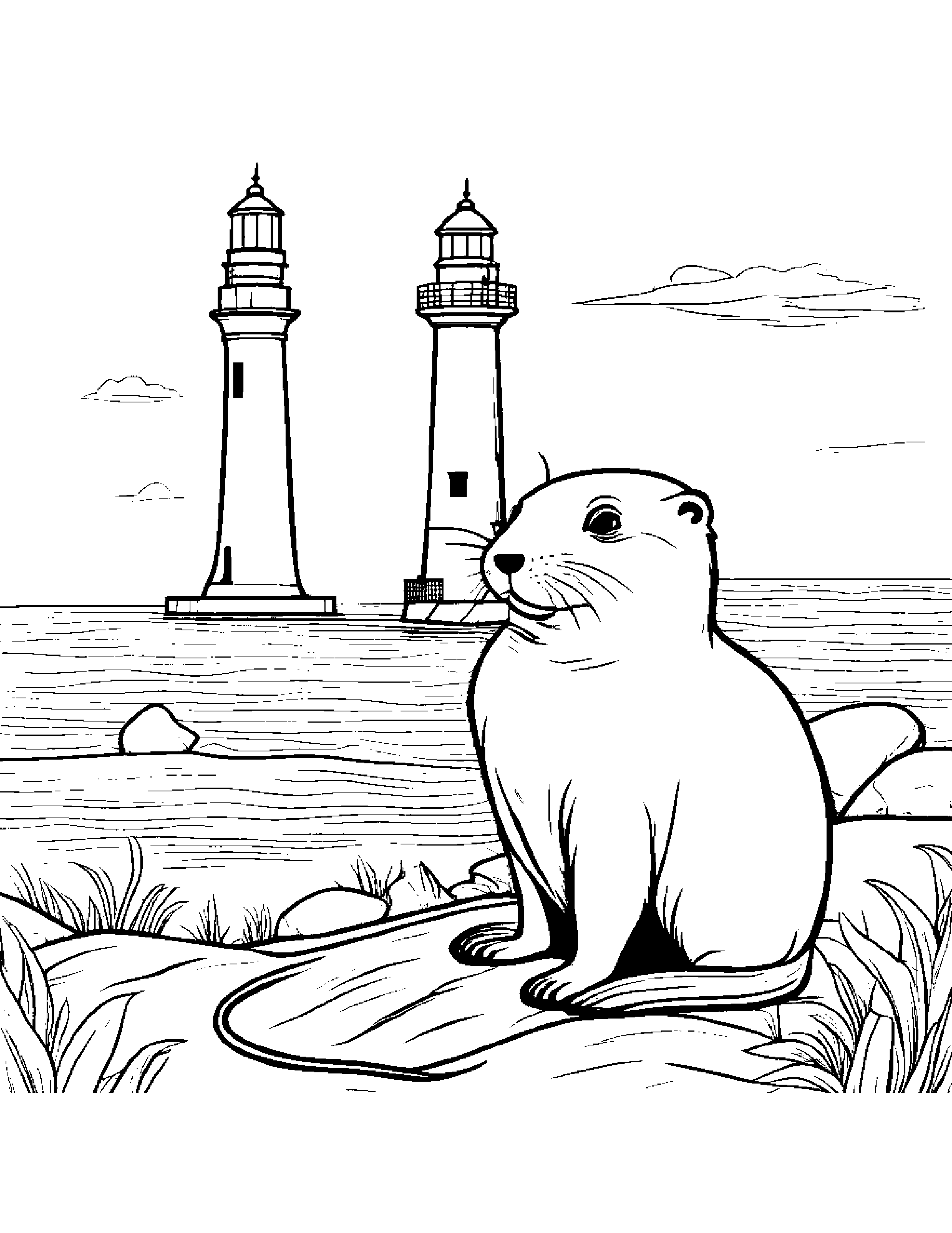 Jolly Otter Learning To Tie A Bow Near A Lighthouse #5 Coloring Page (Free Printable PDF)