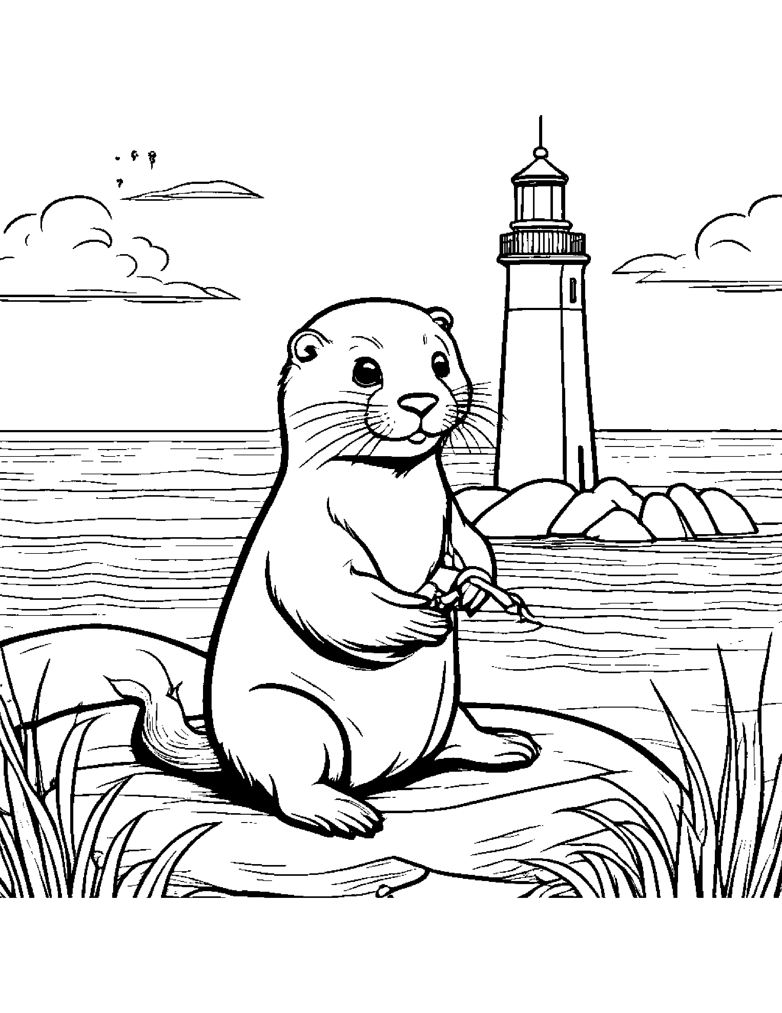 Jolly Otter Learning To Tie A Bow Near A Lighthouse Coloring Page (Free Printable PDF)
