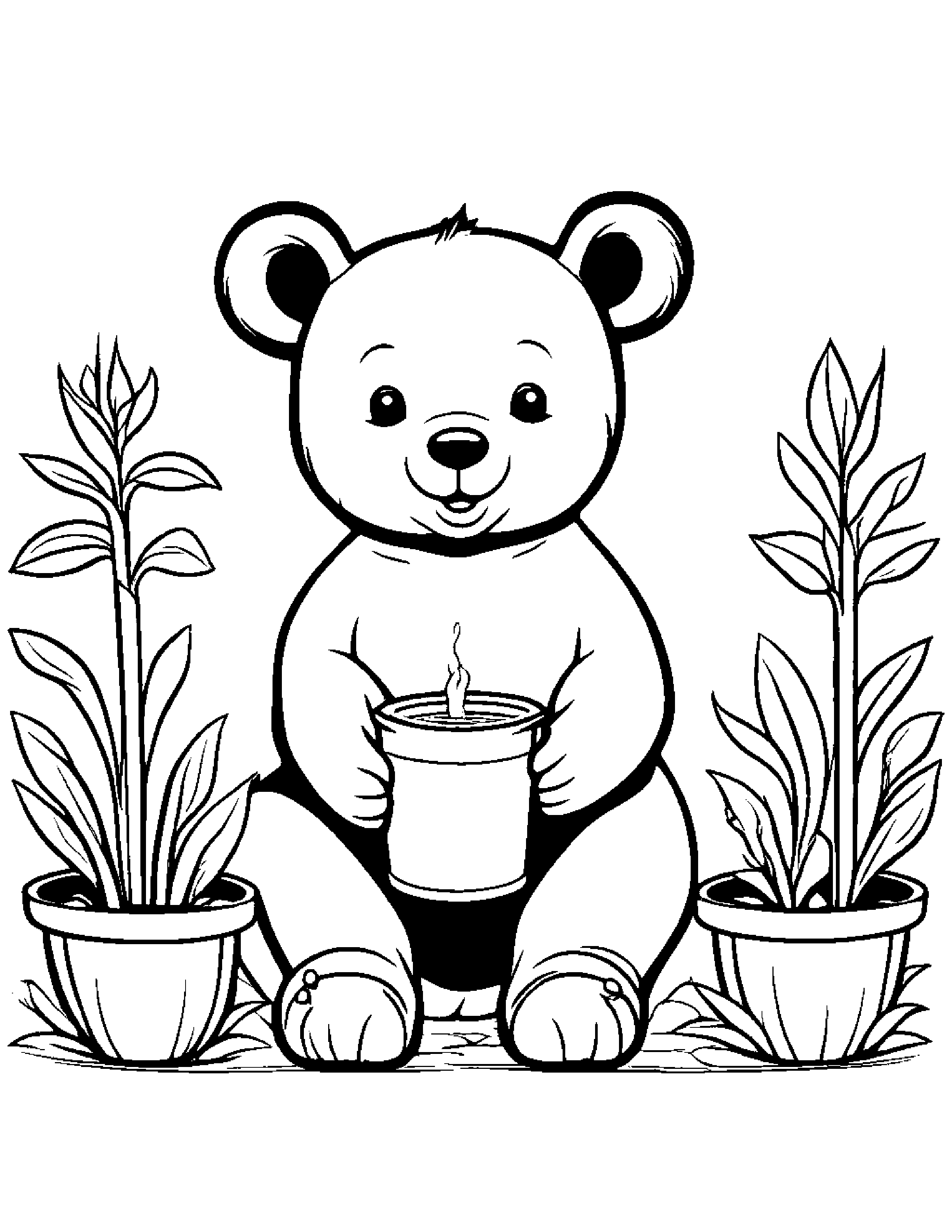 Merry Bear Cub Watering A Plant Coloring Page (Free Printable PDF)