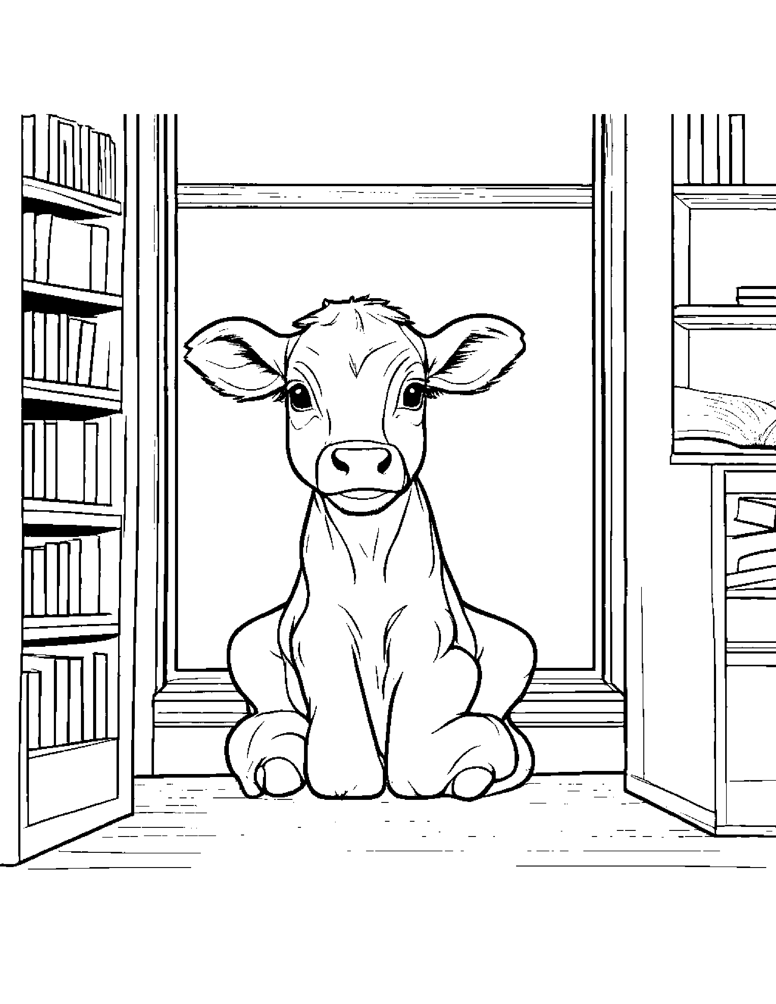 Playful Calf Playing Peekaboo By A Reading Nook #2 Coloring Page (Free Printable PDF)