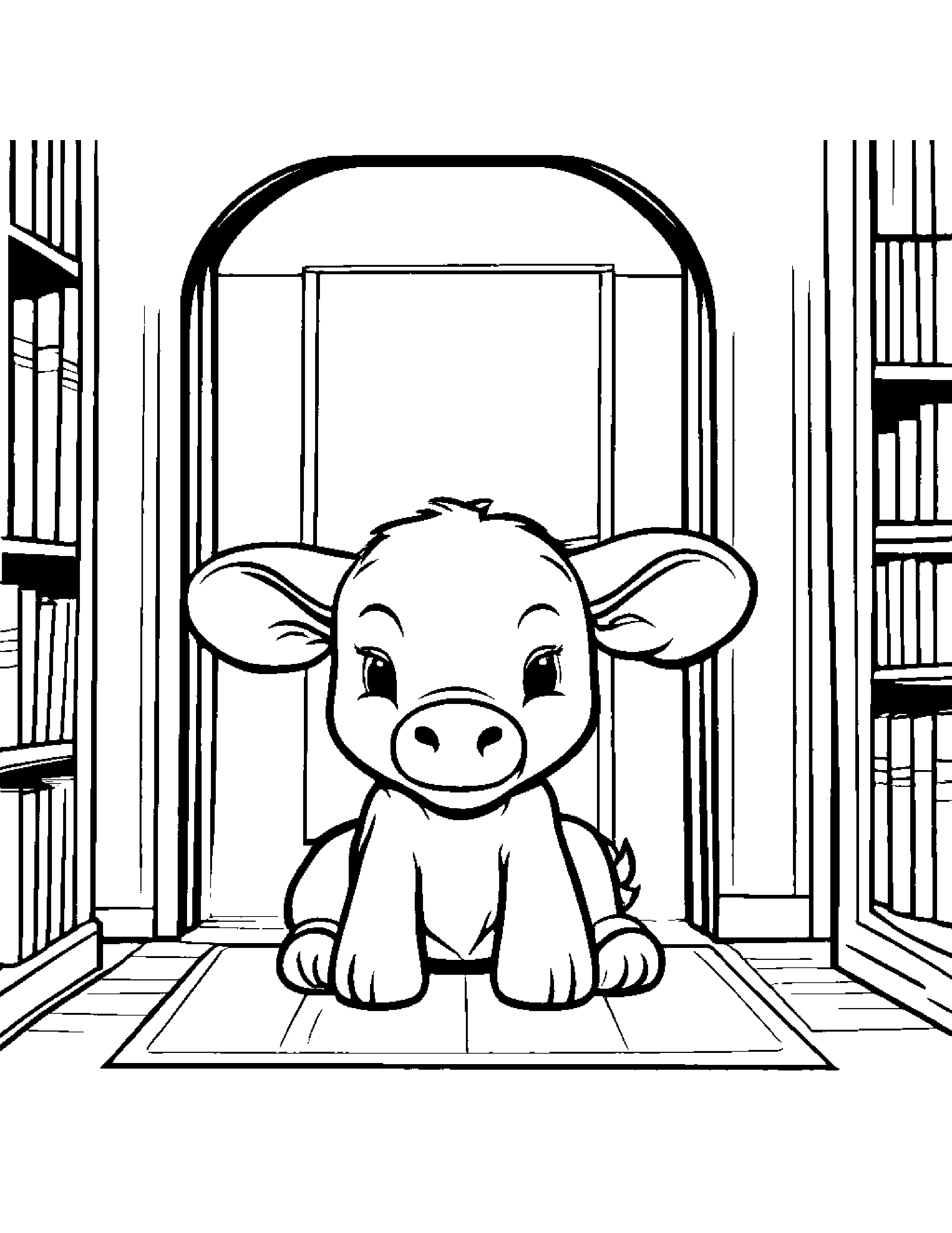 Playful Calf Playing Peekaboo By A Reading Nook Coloring Page (Free Printable PDF)