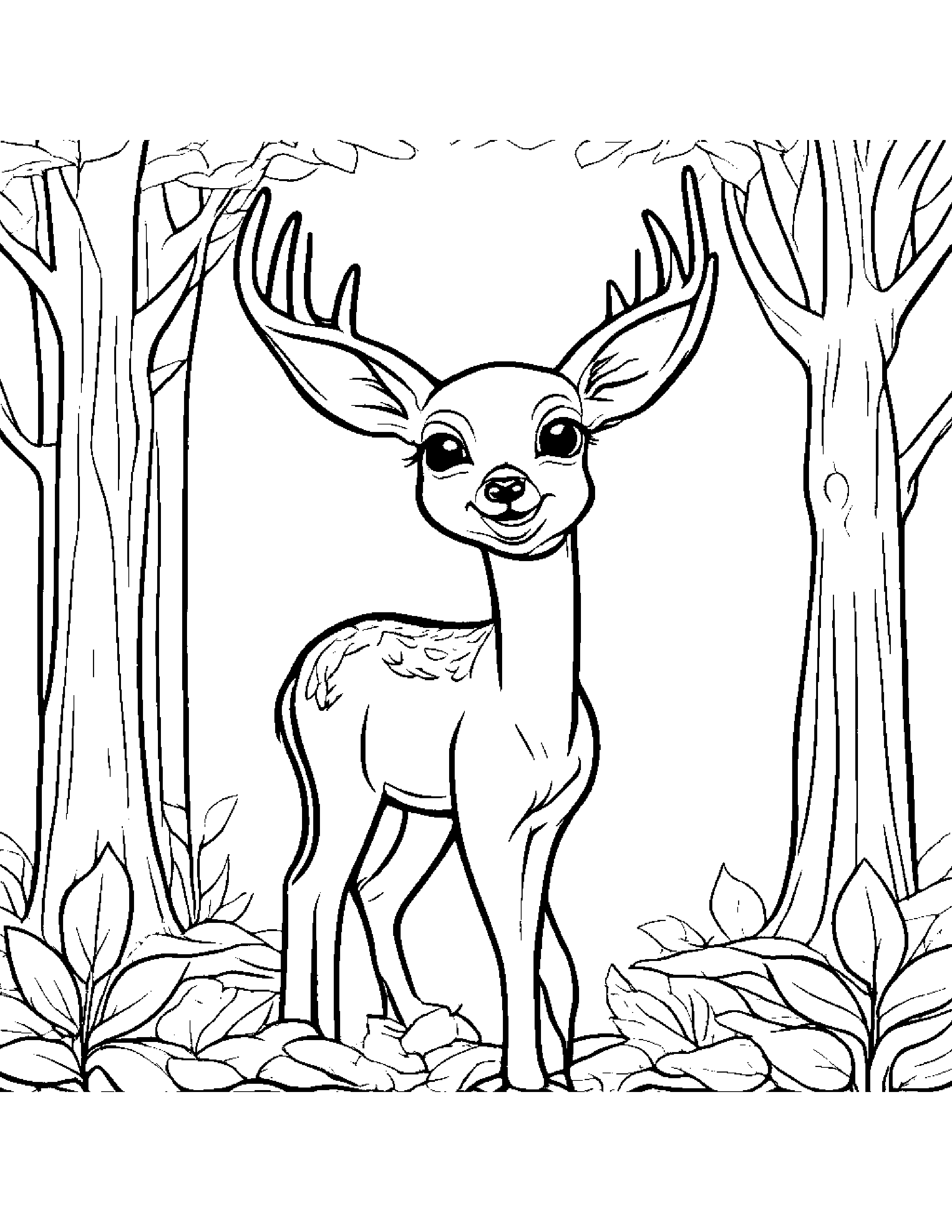 Polite Deer Fawn Smiling By A Little Tree #2 Coloring Page (Free Printable PDF)