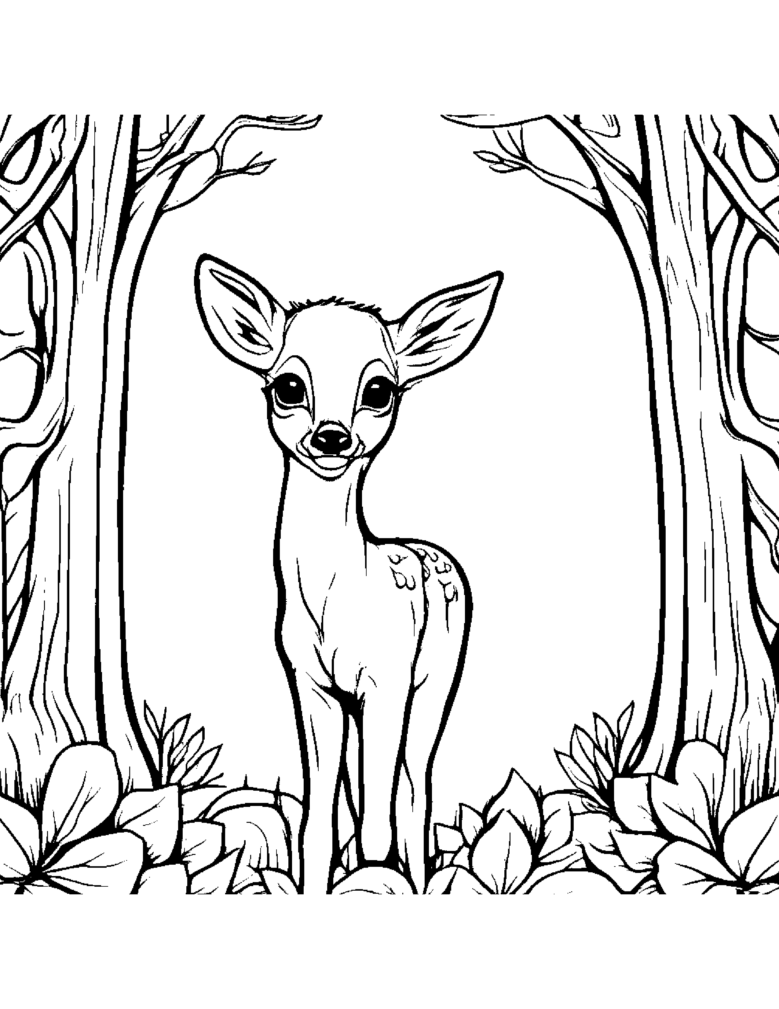Polite Deer Fawn Smiling By A Little Tree #3 Coloring Page (Free Printable PDF)