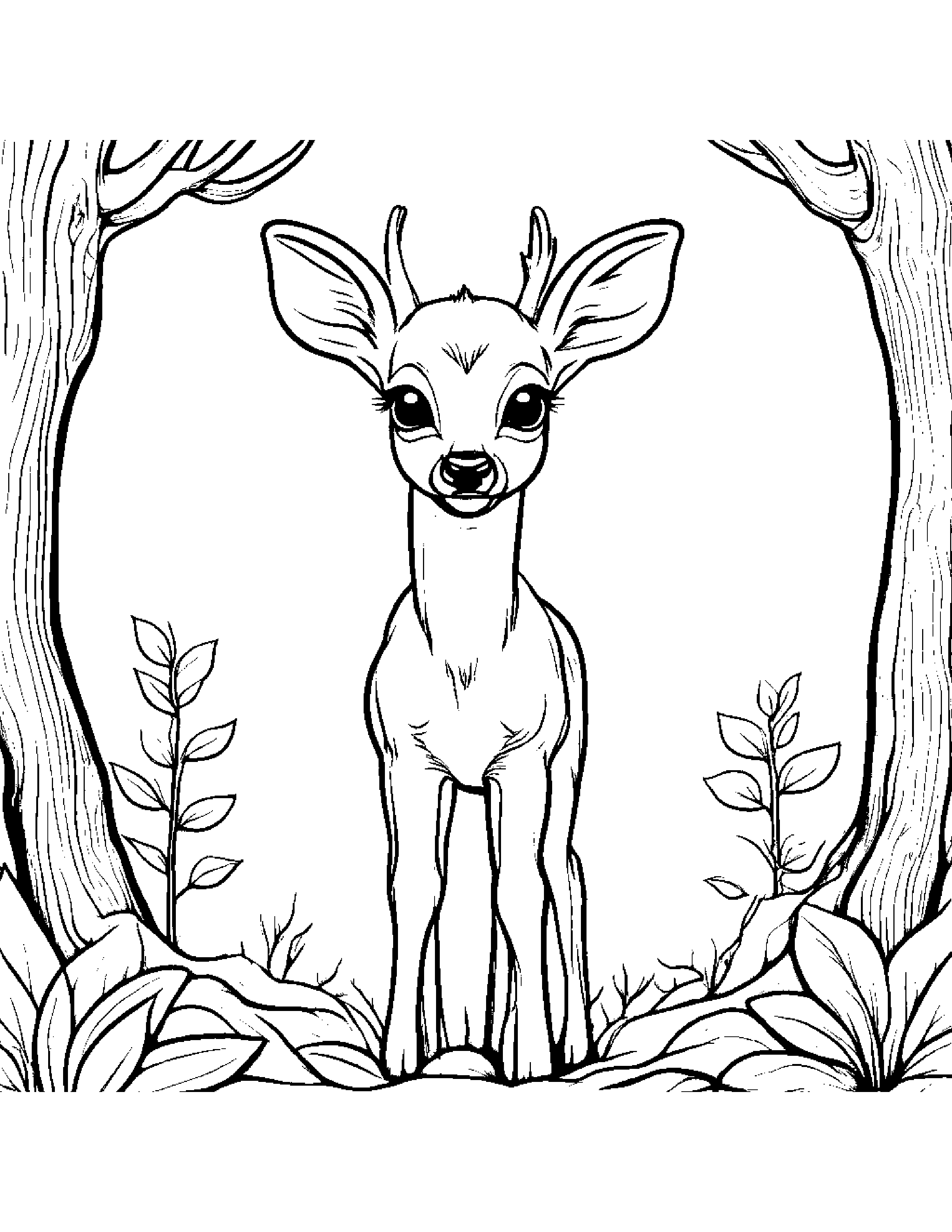 Polite Deer Fawn Smiling By A Little Tree #4 Coloring Page (Free Printable PDF)