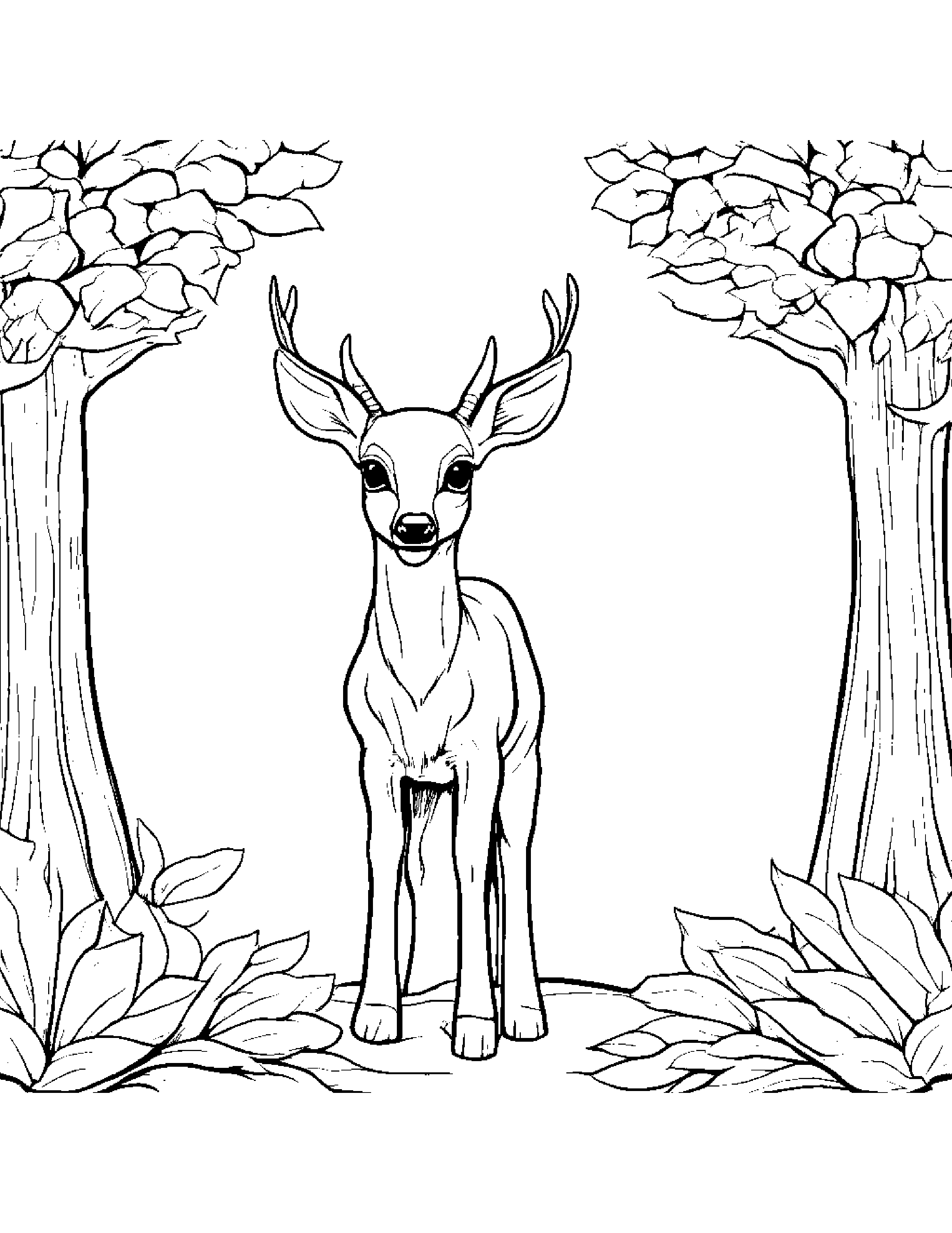 Polite Deer Fawn Smiling By A Little Tree #5 Coloring Page (Free Printable PDF)