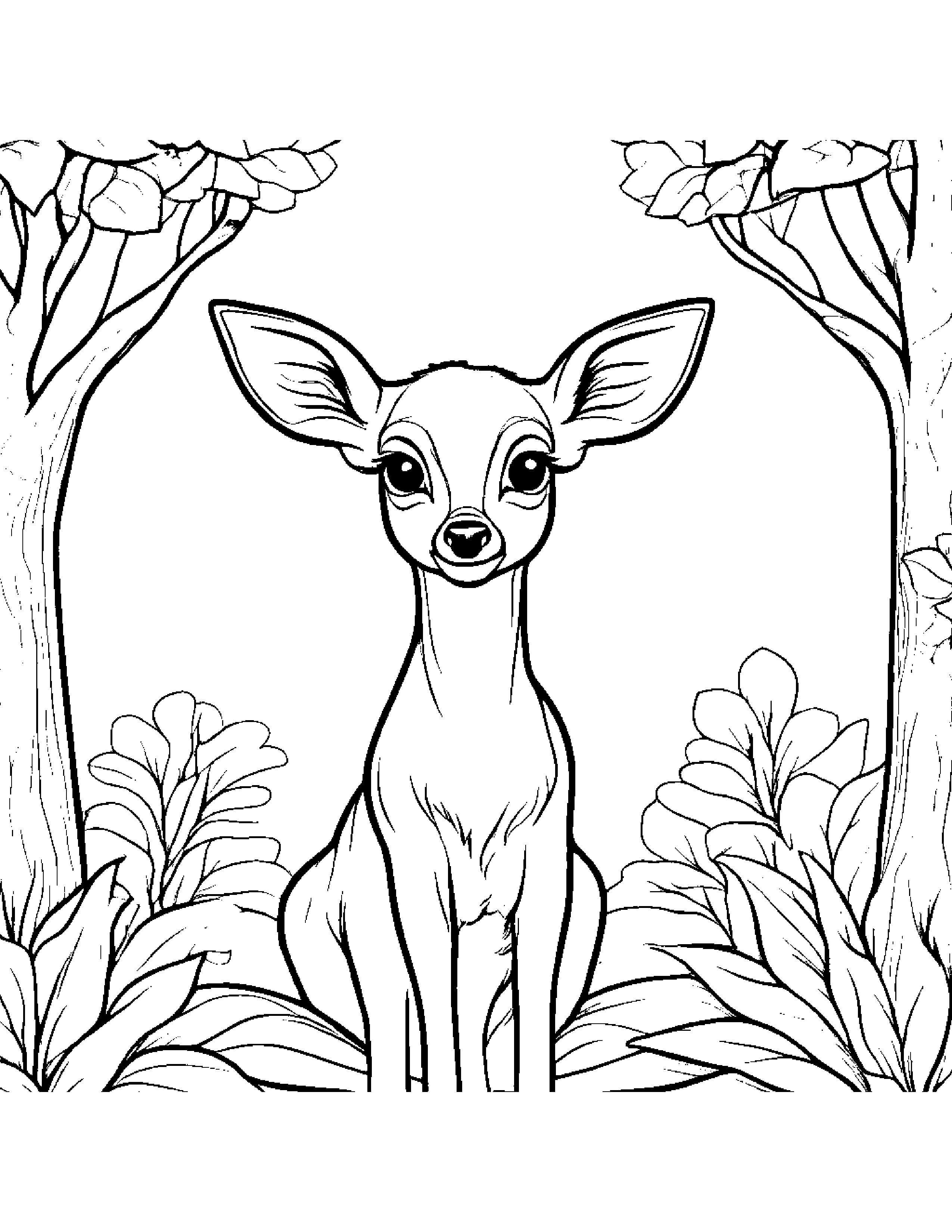 Polite Deer Fawn Smiling By A Little Tree Coloring Page (Free Printable PDF)